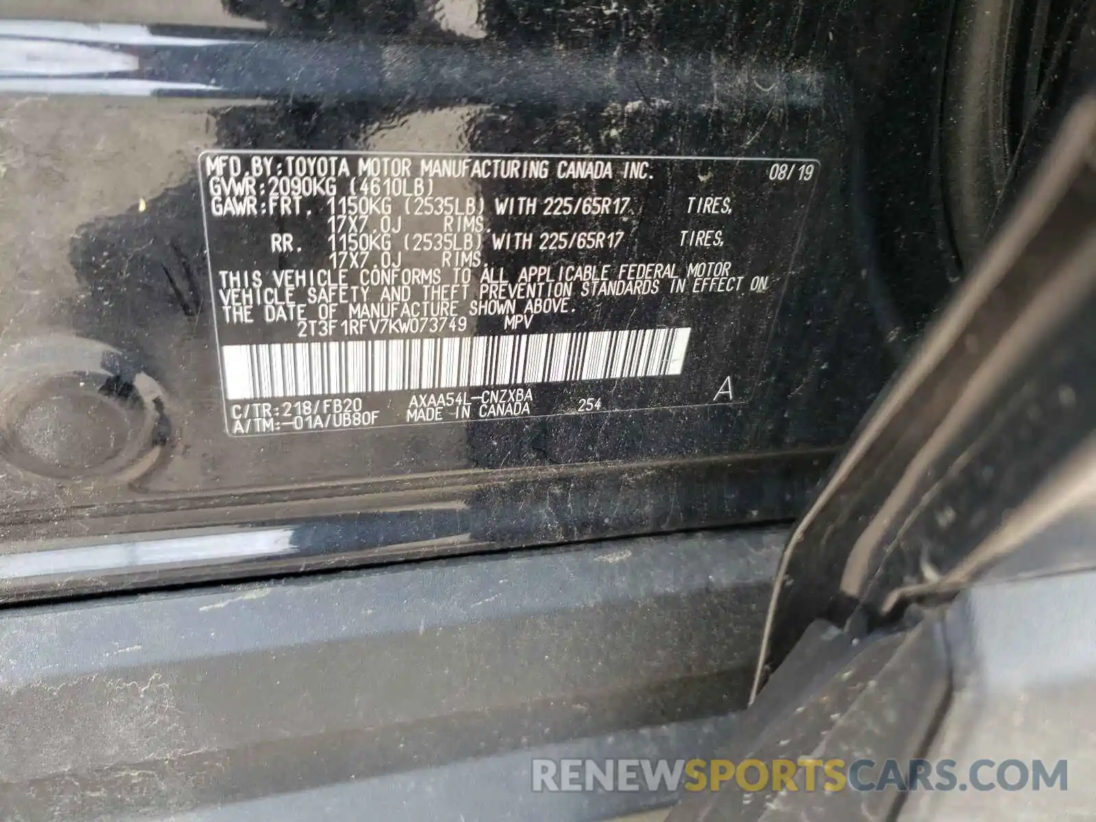 10 Photograph of a damaged car 2T3F1RFV7KW073749 TOYOTA RAV4 2019