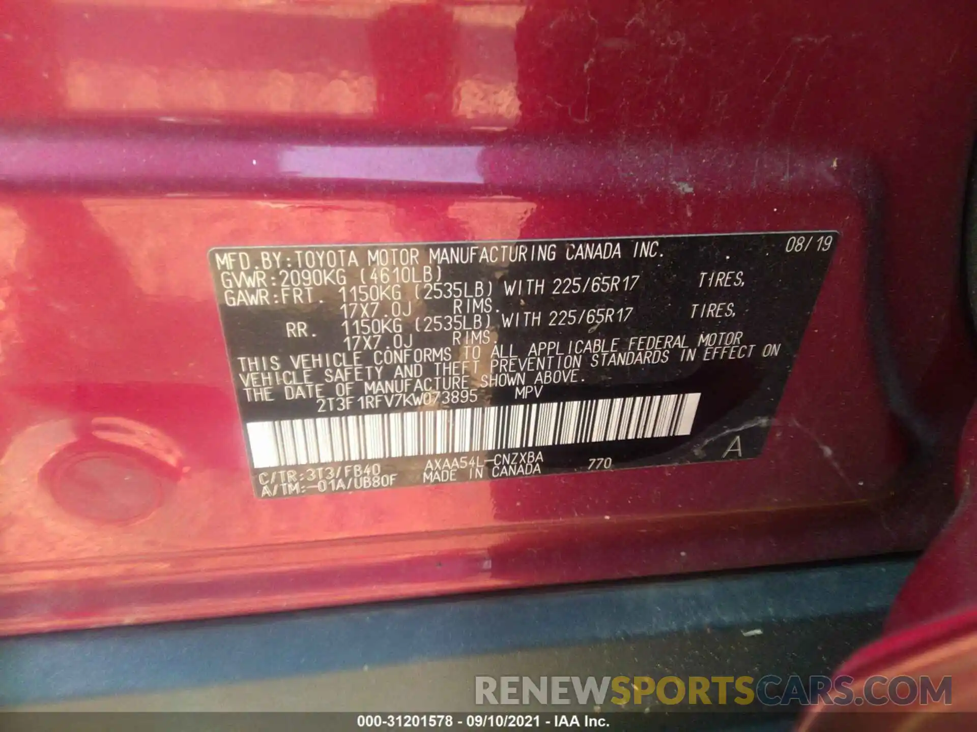 9 Photograph of a damaged car 2T3F1RFV7KW073895 TOYOTA RAV4 2019