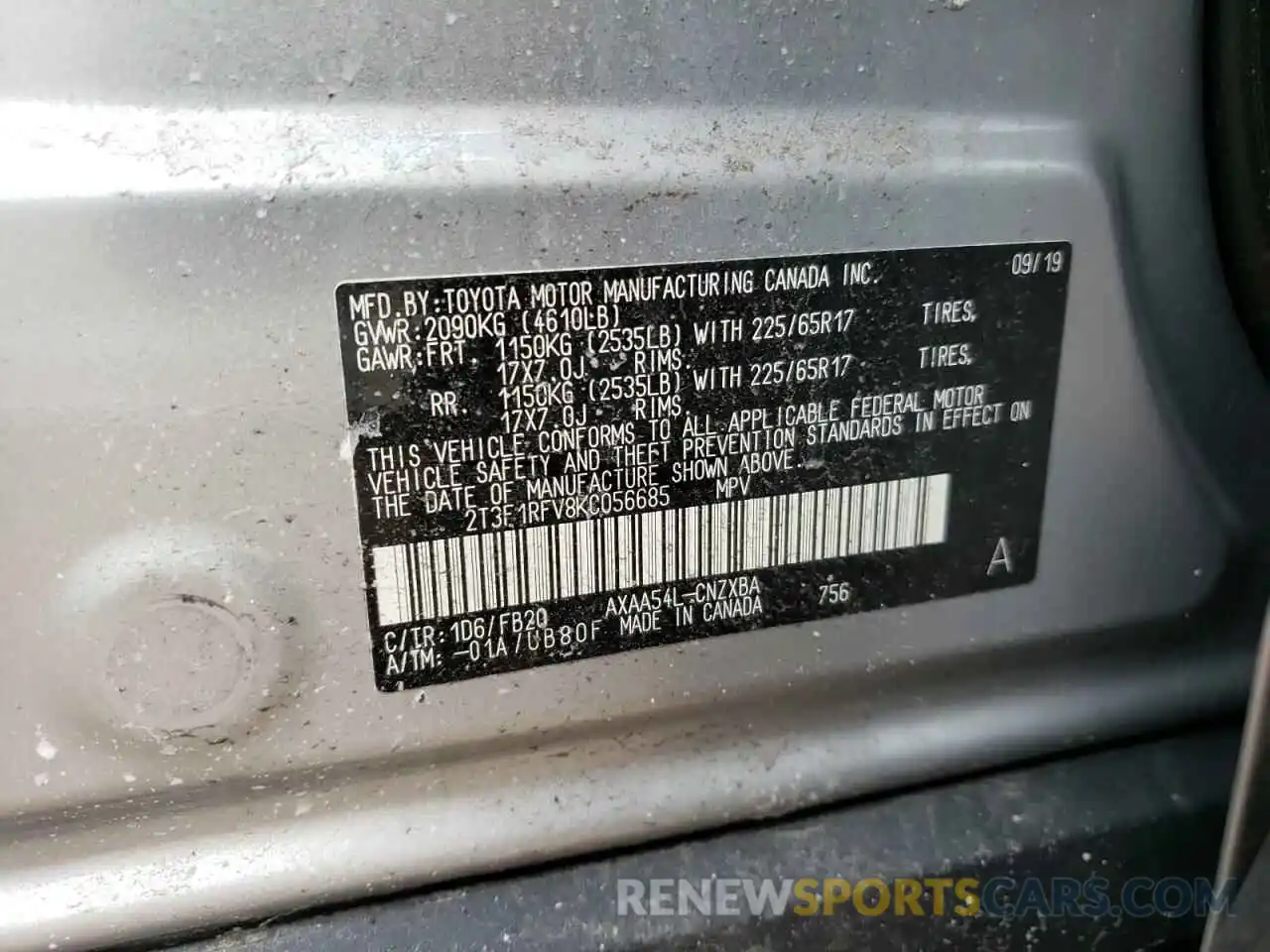 10 Photograph of a damaged car 2T3F1RFV8KC056685 TOYOTA RAV4 2019