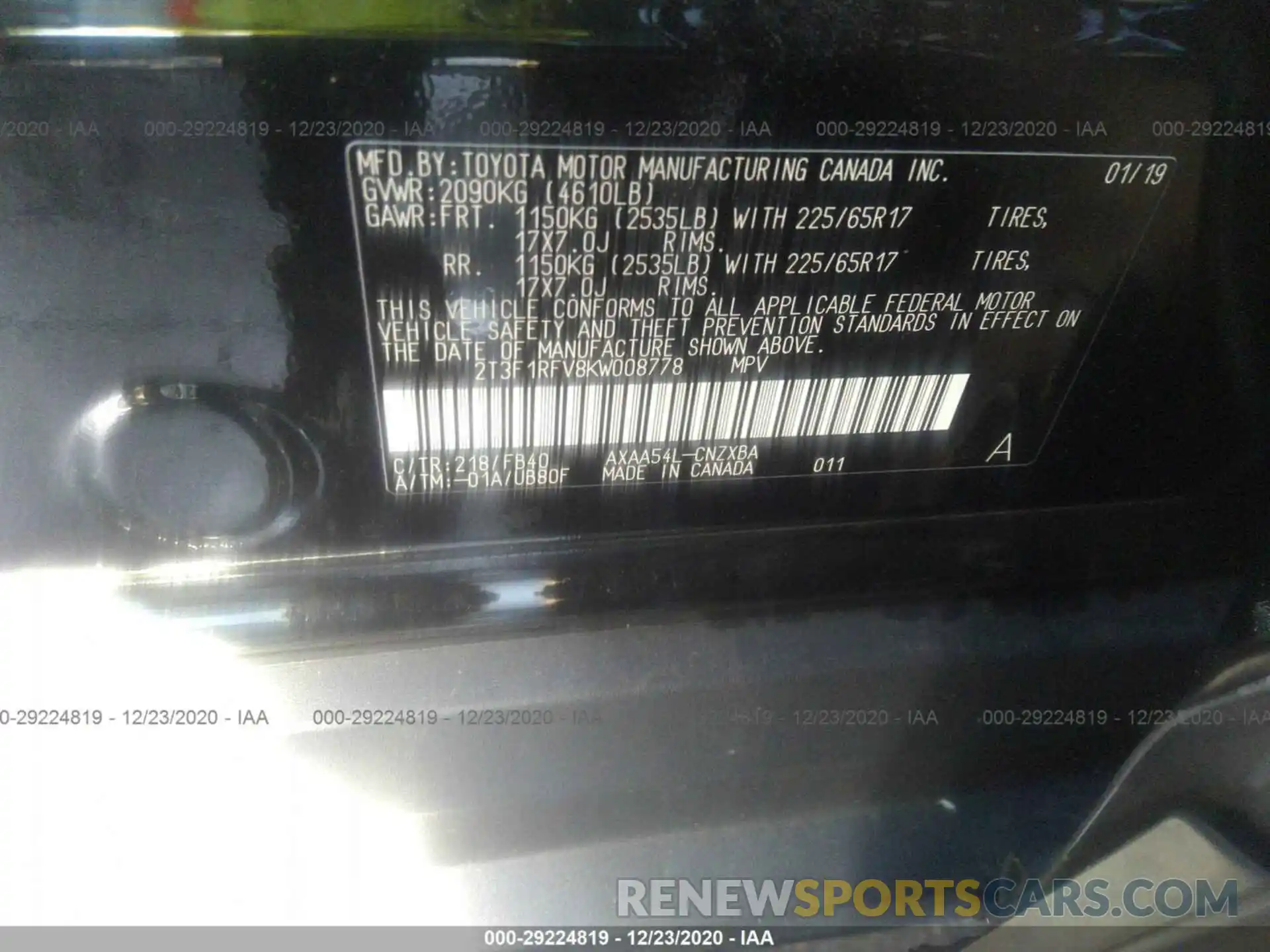 9 Photograph of a damaged car 2T3F1RFV8KW008778 TOYOTA RAV4 2019