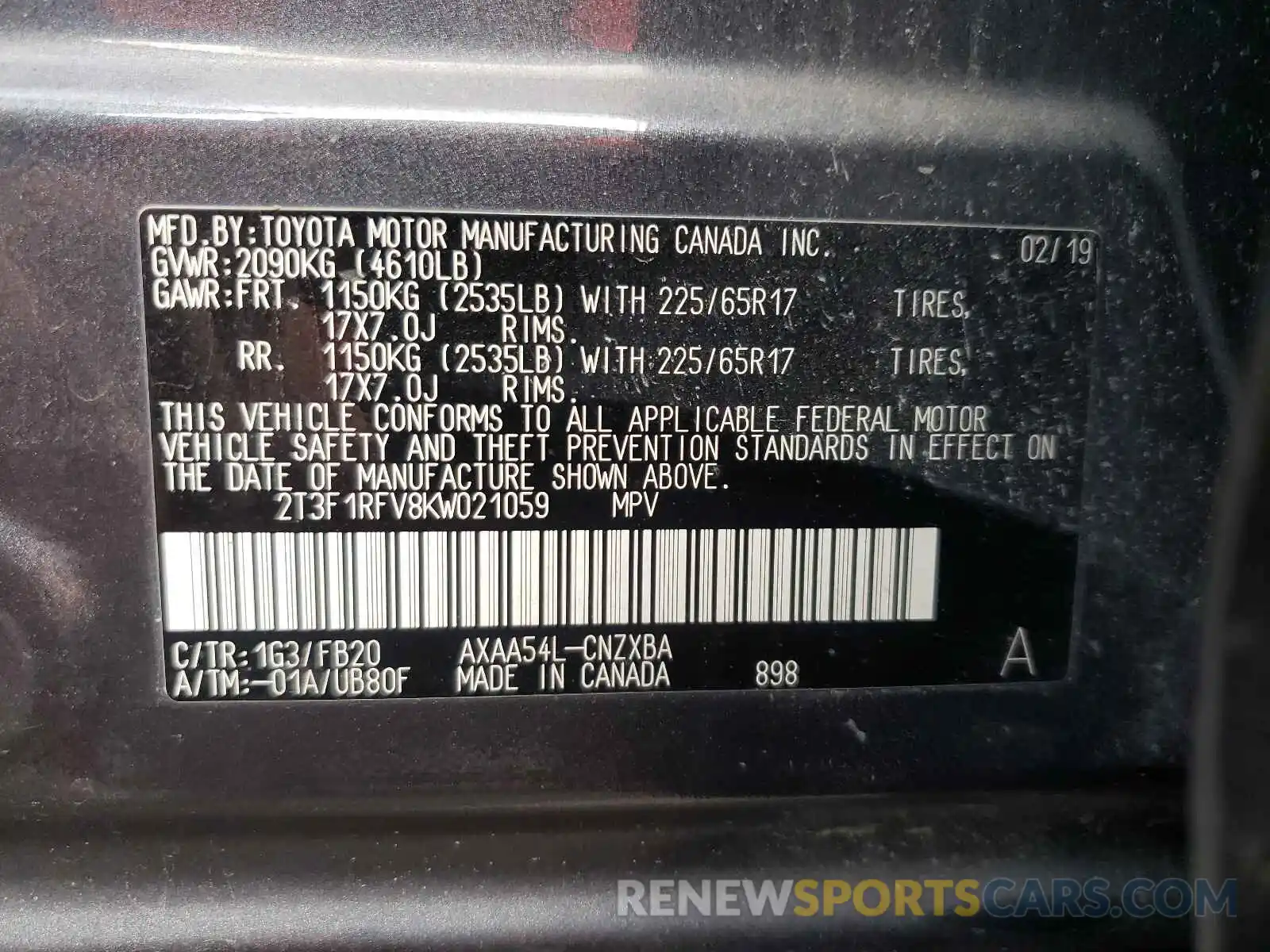 10 Photograph of a damaged car 2T3F1RFV8KW021059 TOYOTA RAV4 2019