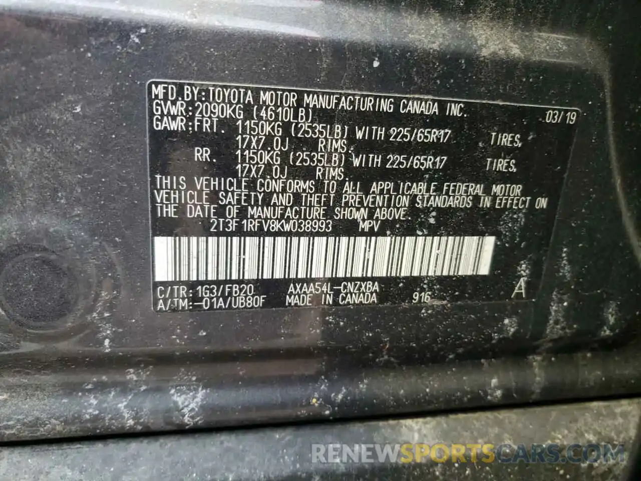 10 Photograph of a damaged car 2T3F1RFV8KW038993 TOYOTA RAV4 2019