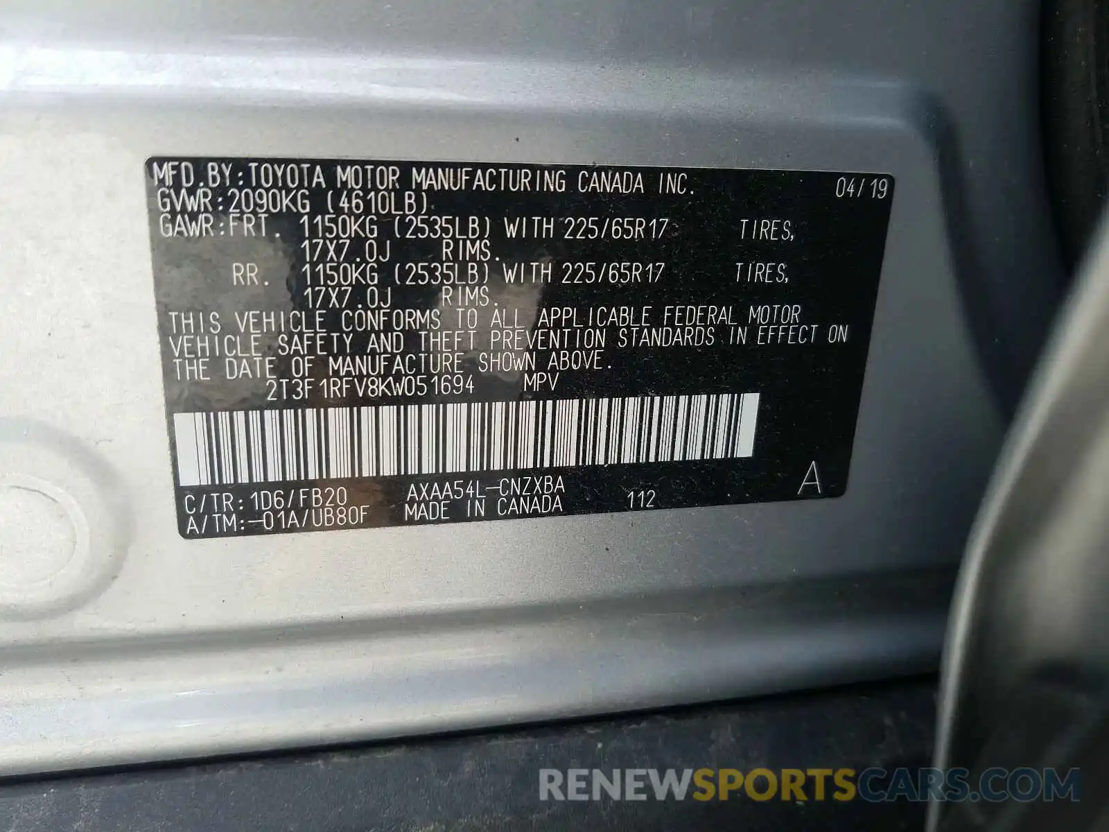 10 Photograph of a damaged car 2T3F1RFV8KW051694 TOYOTA RAV4 2019