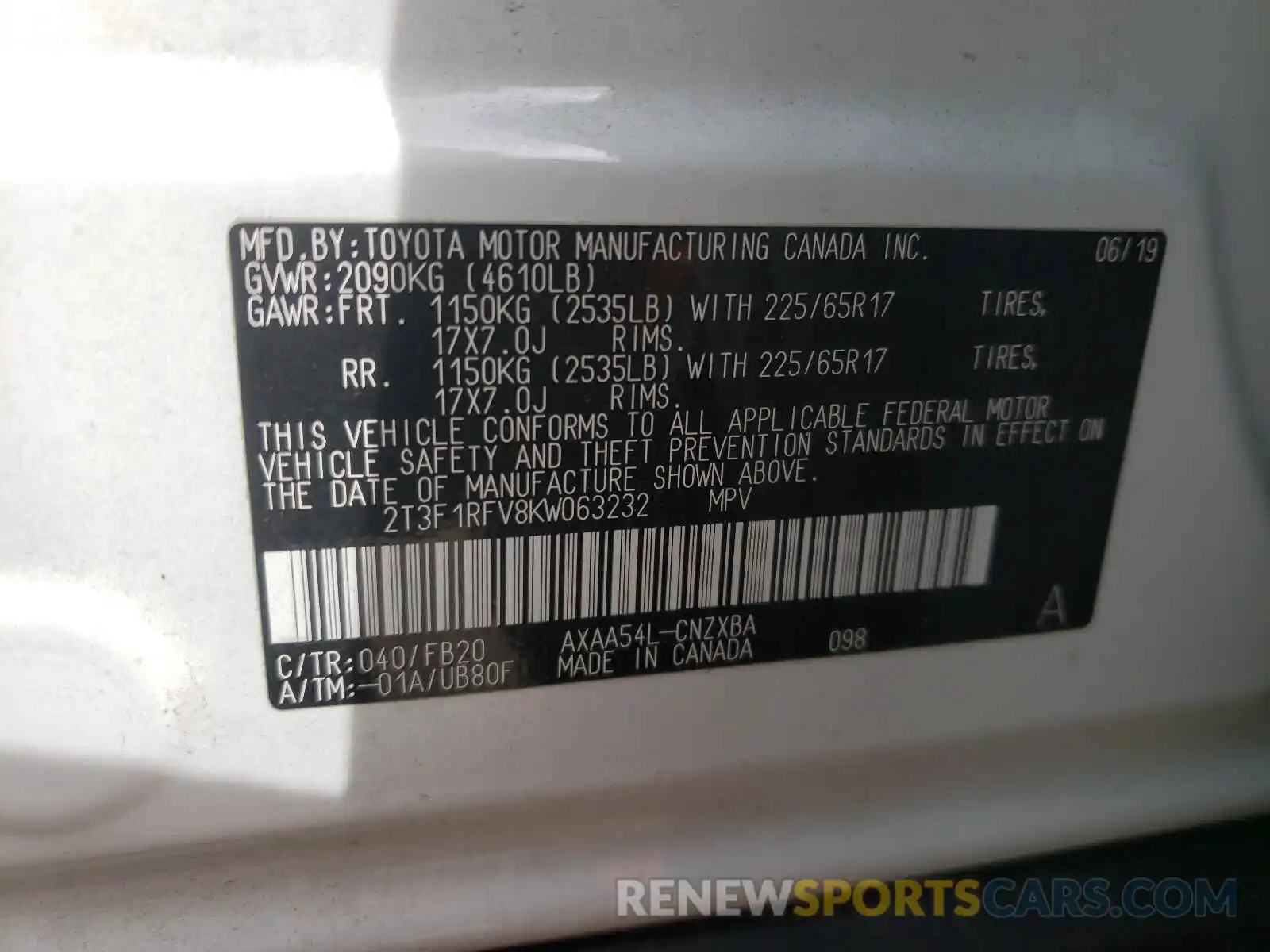 10 Photograph of a damaged car 2T3F1RFV8KW063232 TOYOTA RAV4 2019