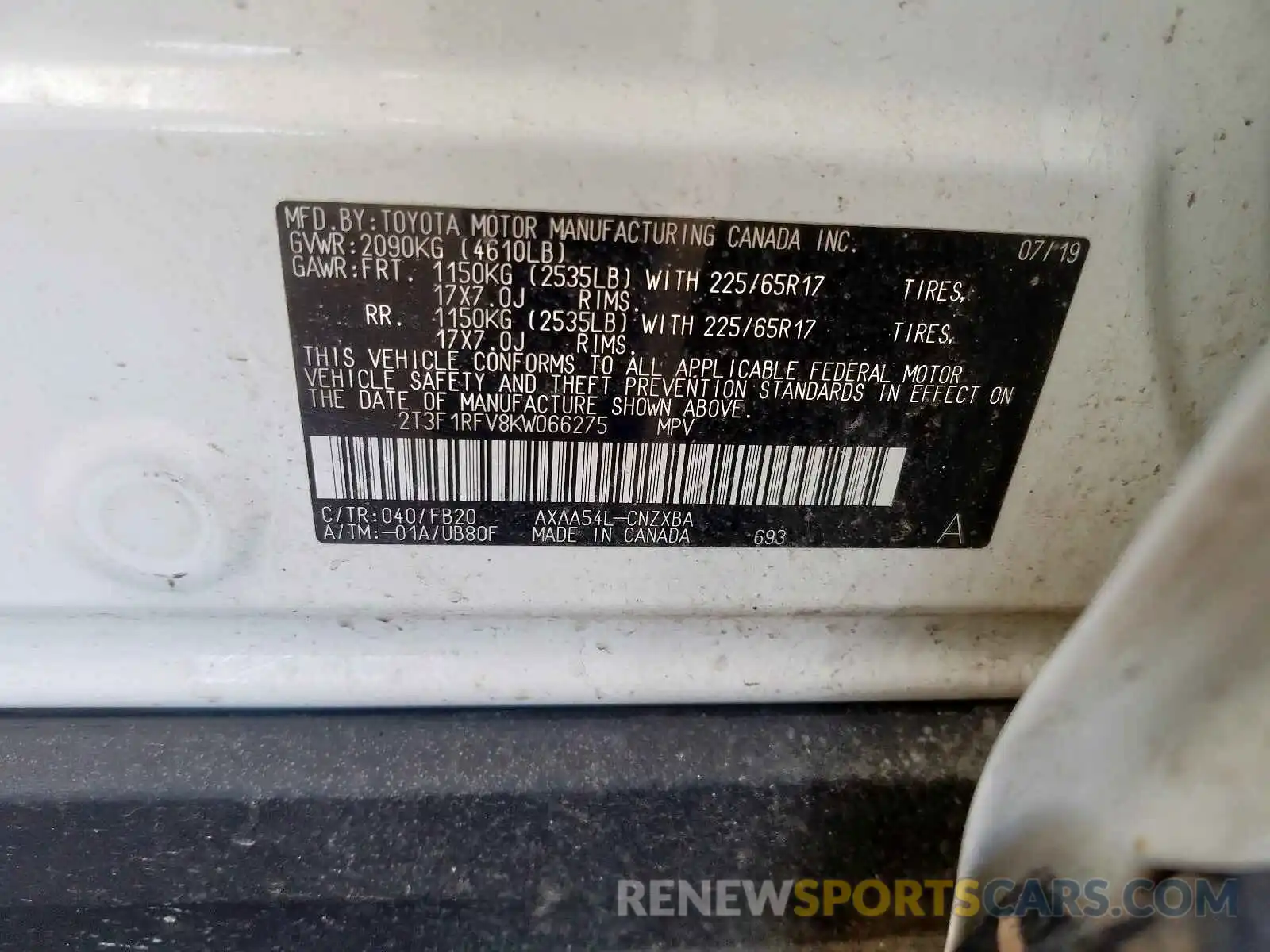 10 Photograph of a damaged car 2T3F1RFV8KW066275 TOYOTA RAV4 2019