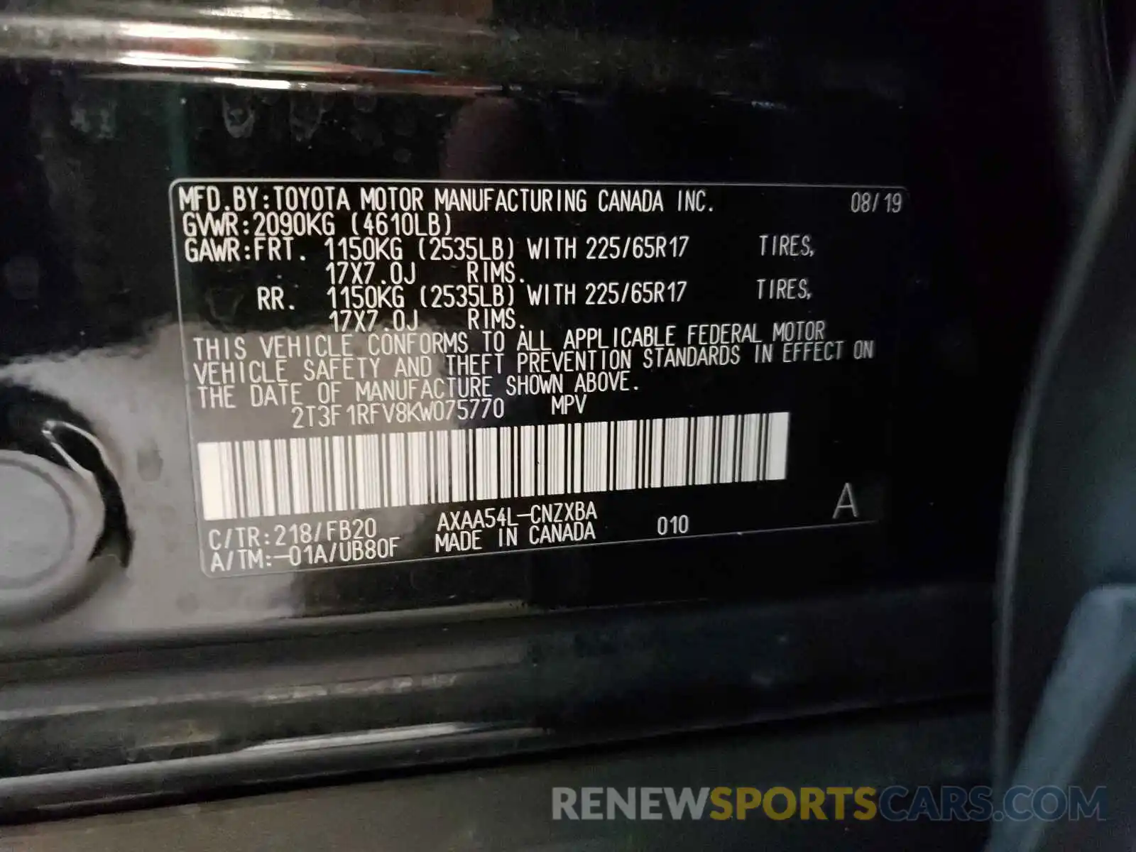 10 Photograph of a damaged car 2T3F1RFV8KW075770 TOYOTA RAV4 2019