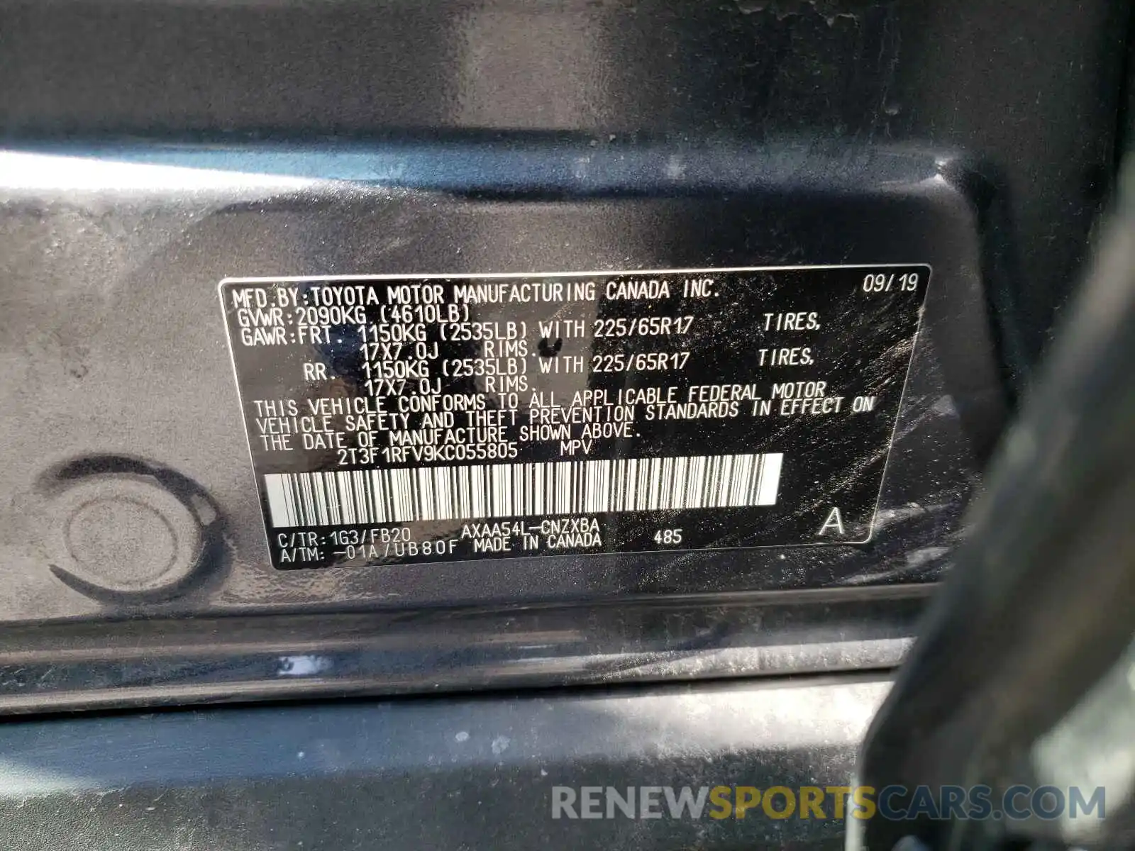 10 Photograph of a damaged car 2T3F1RFV9KC055805 TOYOTA RAV4 2019