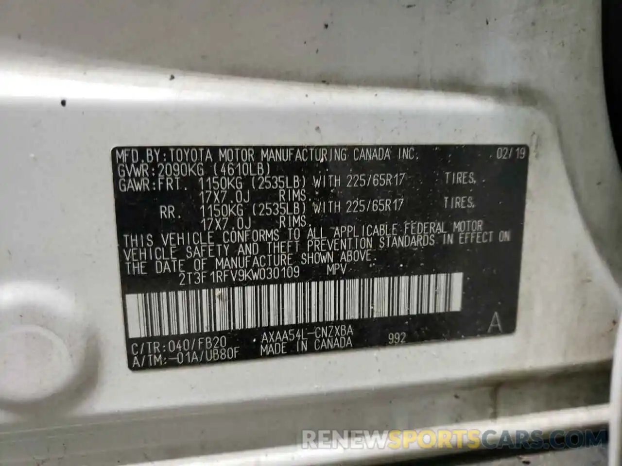 10 Photograph of a damaged car 2T3F1RFV9KW030109 TOYOTA RAV4 2019