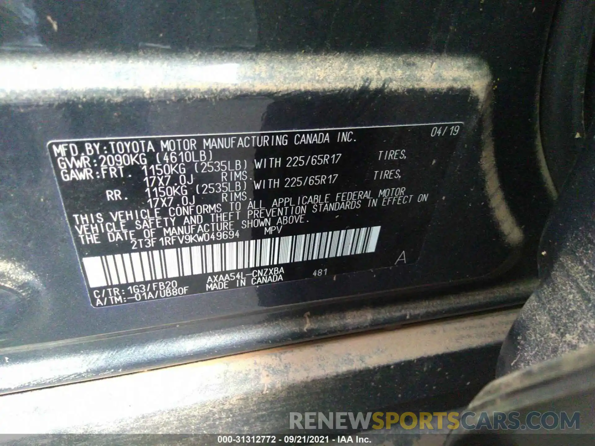 9 Photograph of a damaged car 2T3F1RFV9KW049694 TOYOTA RAV4 2019