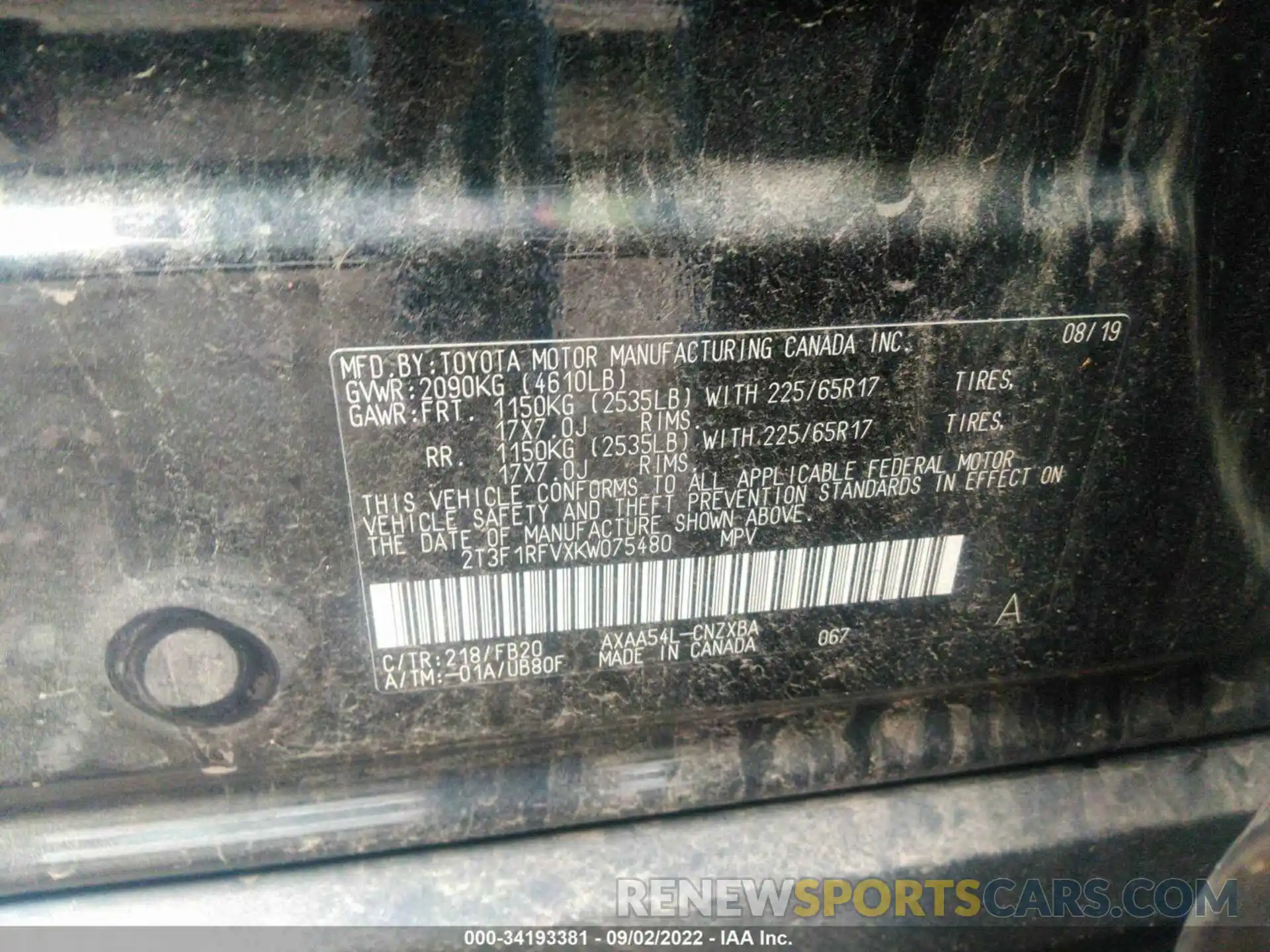 9 Photograph of a damaged car 2T3F1RFVXKW075480 TOYOTA RAV4 2019