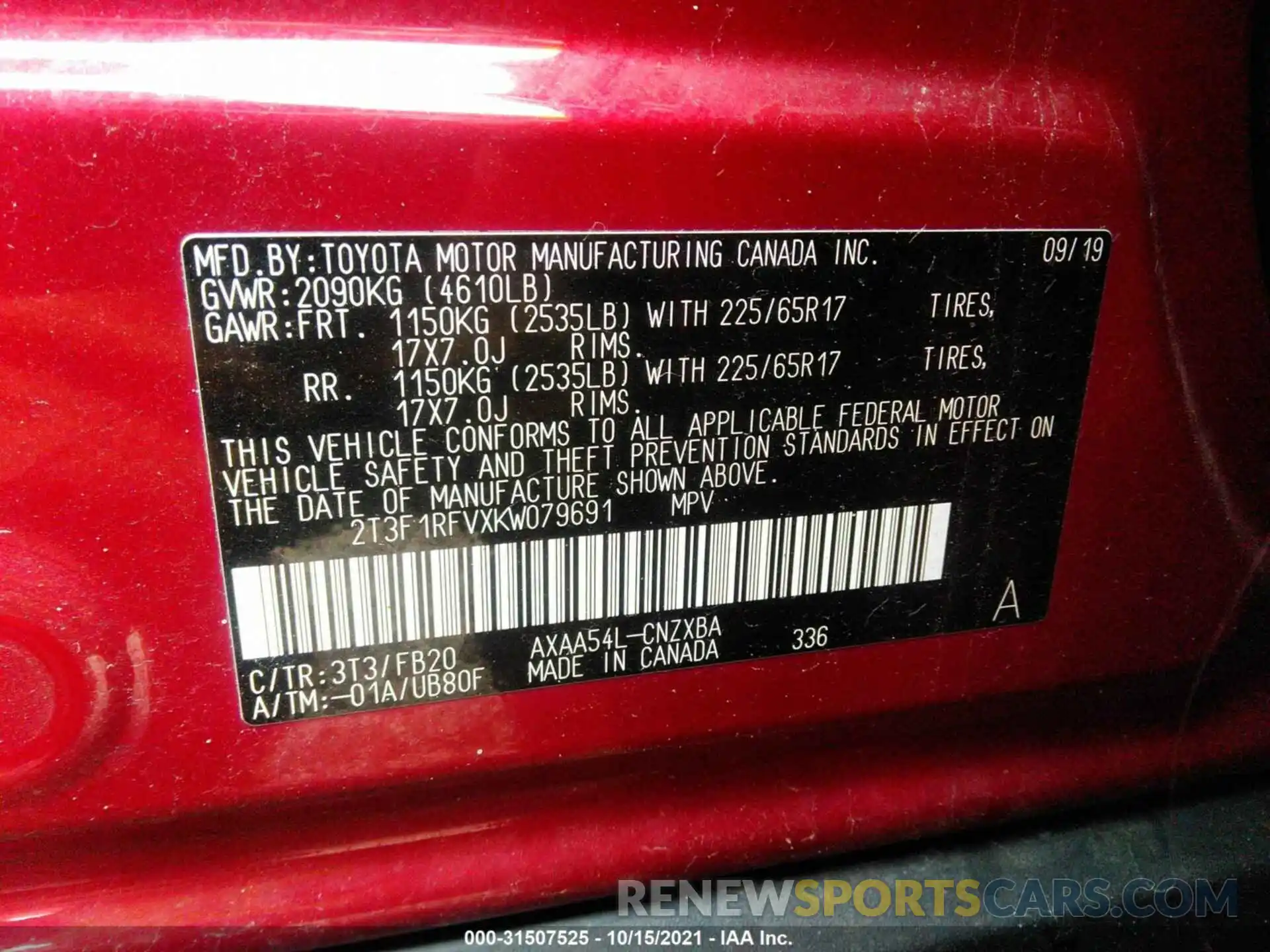 9 Photograph of a damaged car 2T3F1RFVXKW079691 TOYOTA RAV4 2019