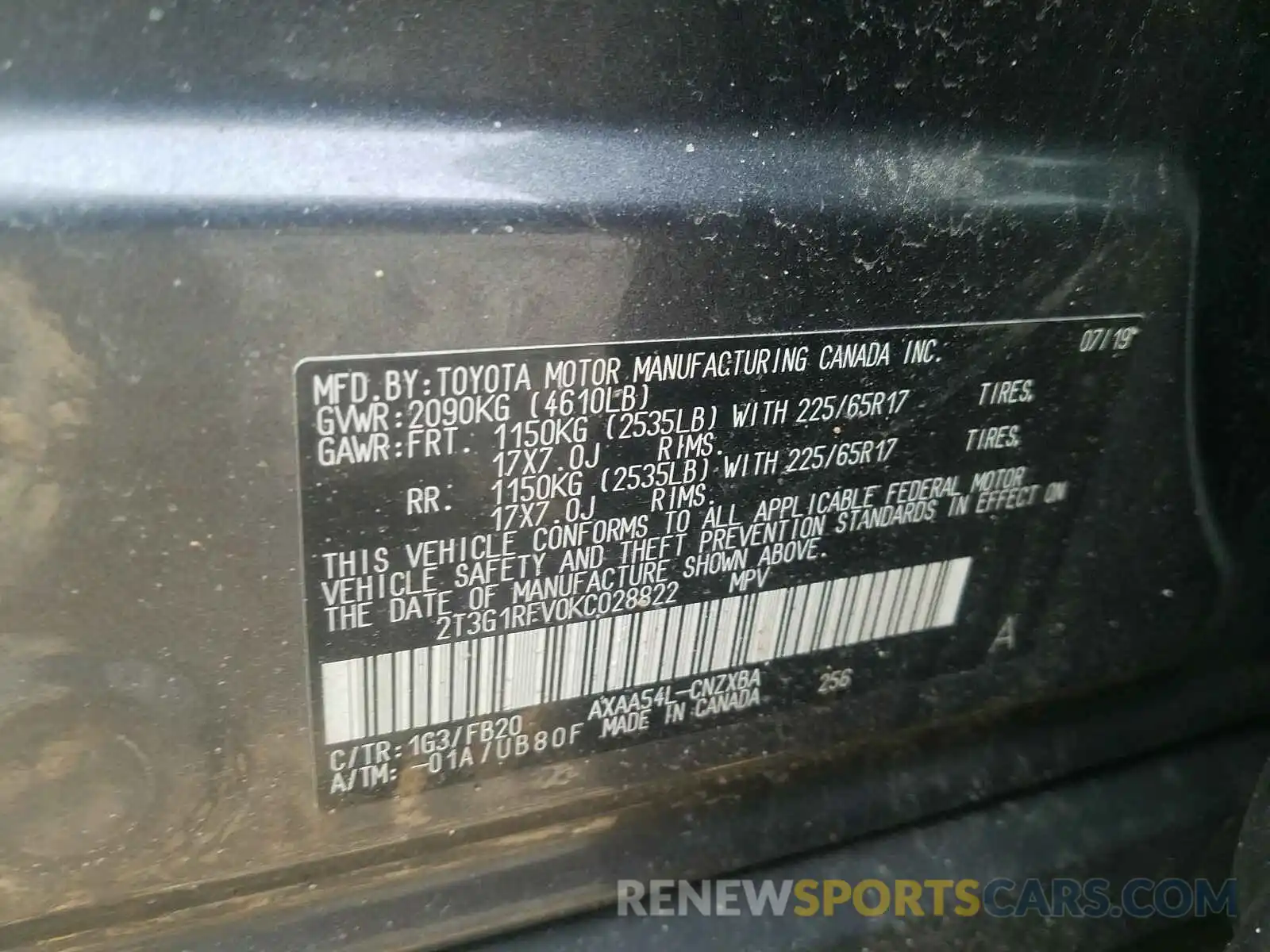 10 Photograph of a damaged car 2T3G1RFV0KC028822 TOYOTA RAV4 2019