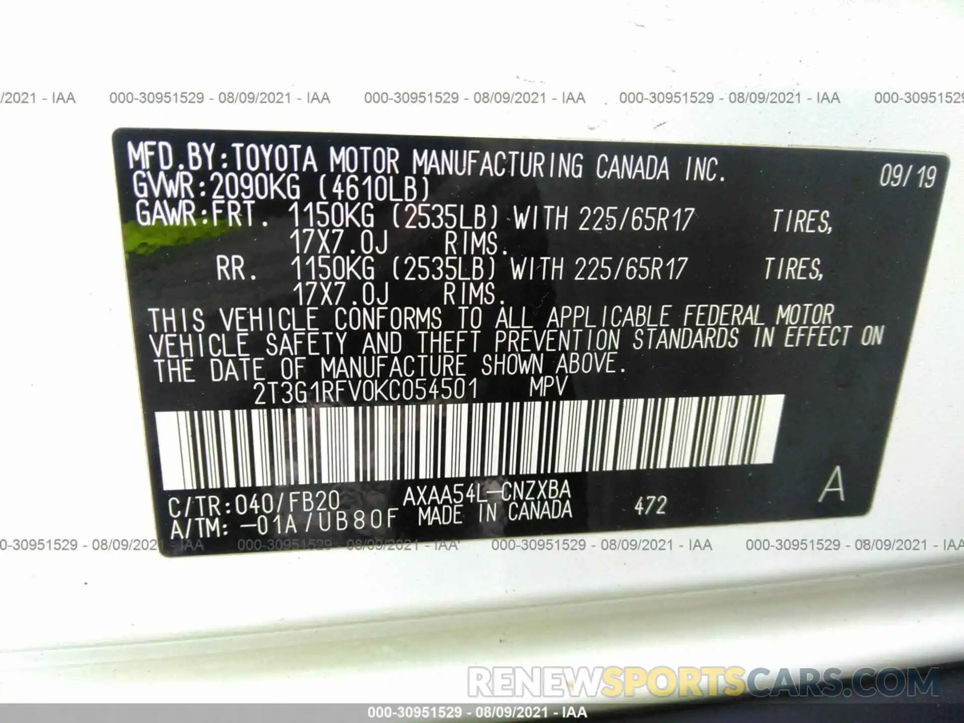 9 Фотография поврежденного автомобиля 2T3G1RFV0KC054501 TOYOTA RAV4 2019