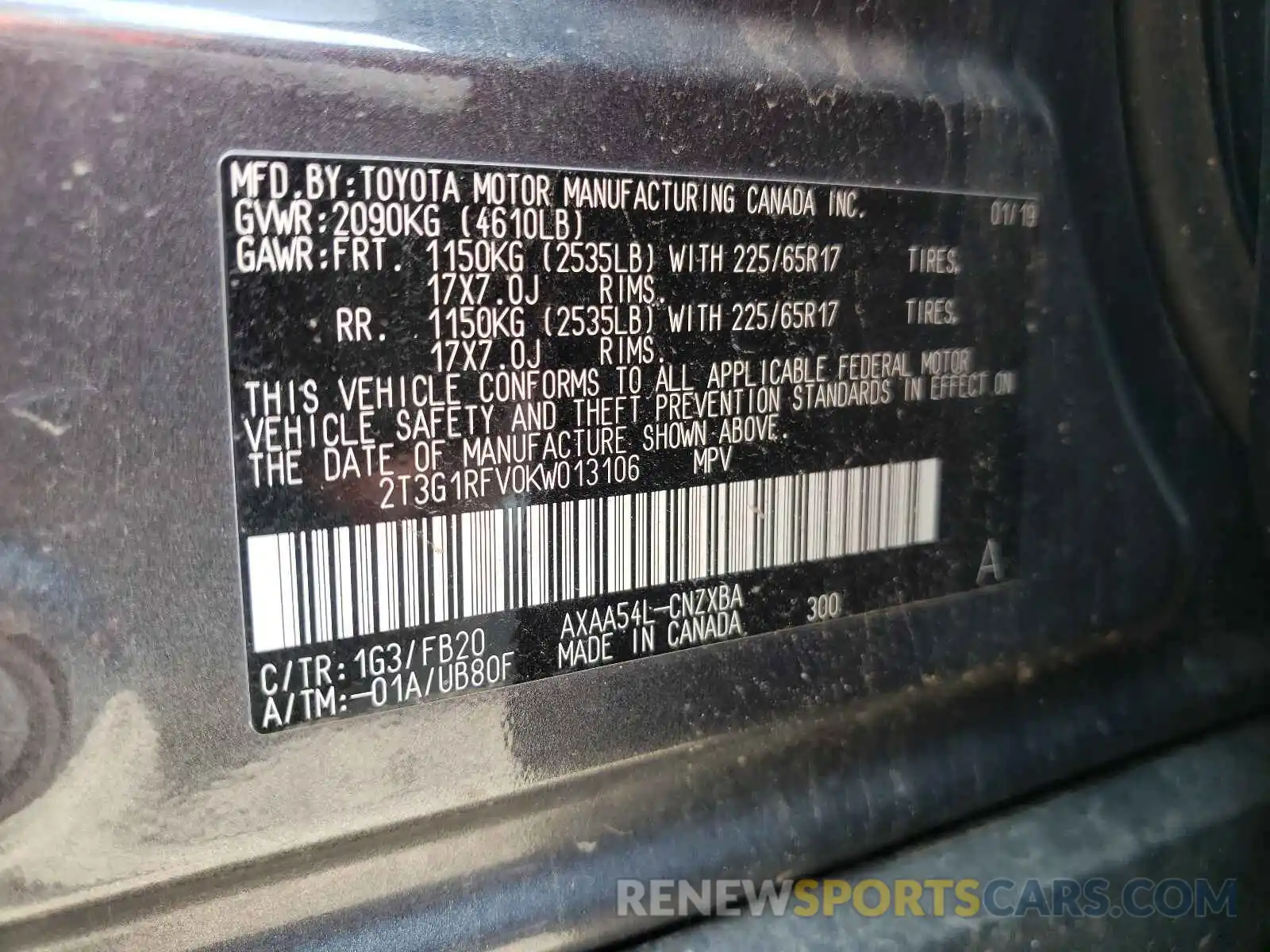 10 Photograph of a damaged car 2T3G1RFV0KW013106 TOYOTA RAV4 2019