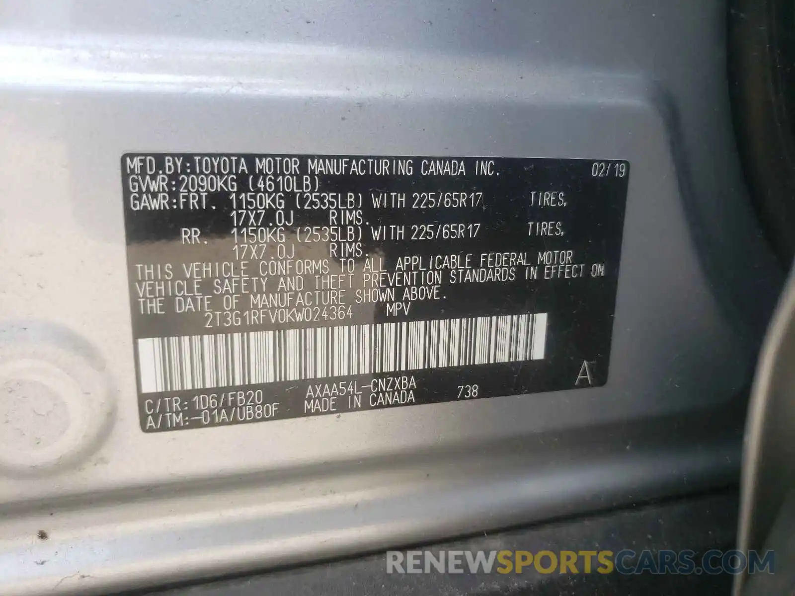 10 Photograph of a damaged car 2T3G1RFV0KW024364 TOYOTA RAV4 2019