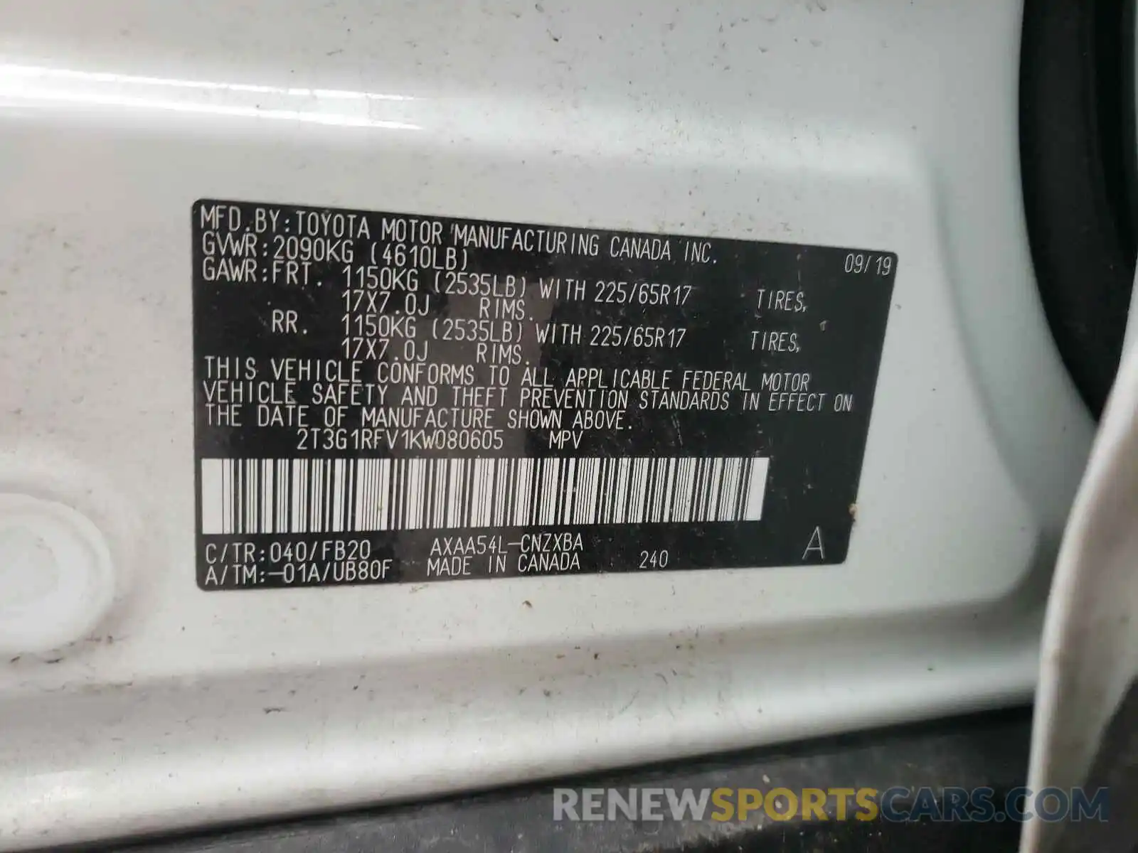 10 Photograph of a damaged car 2T3G1RFV1KW080605 TOYOTA RAV4 2019