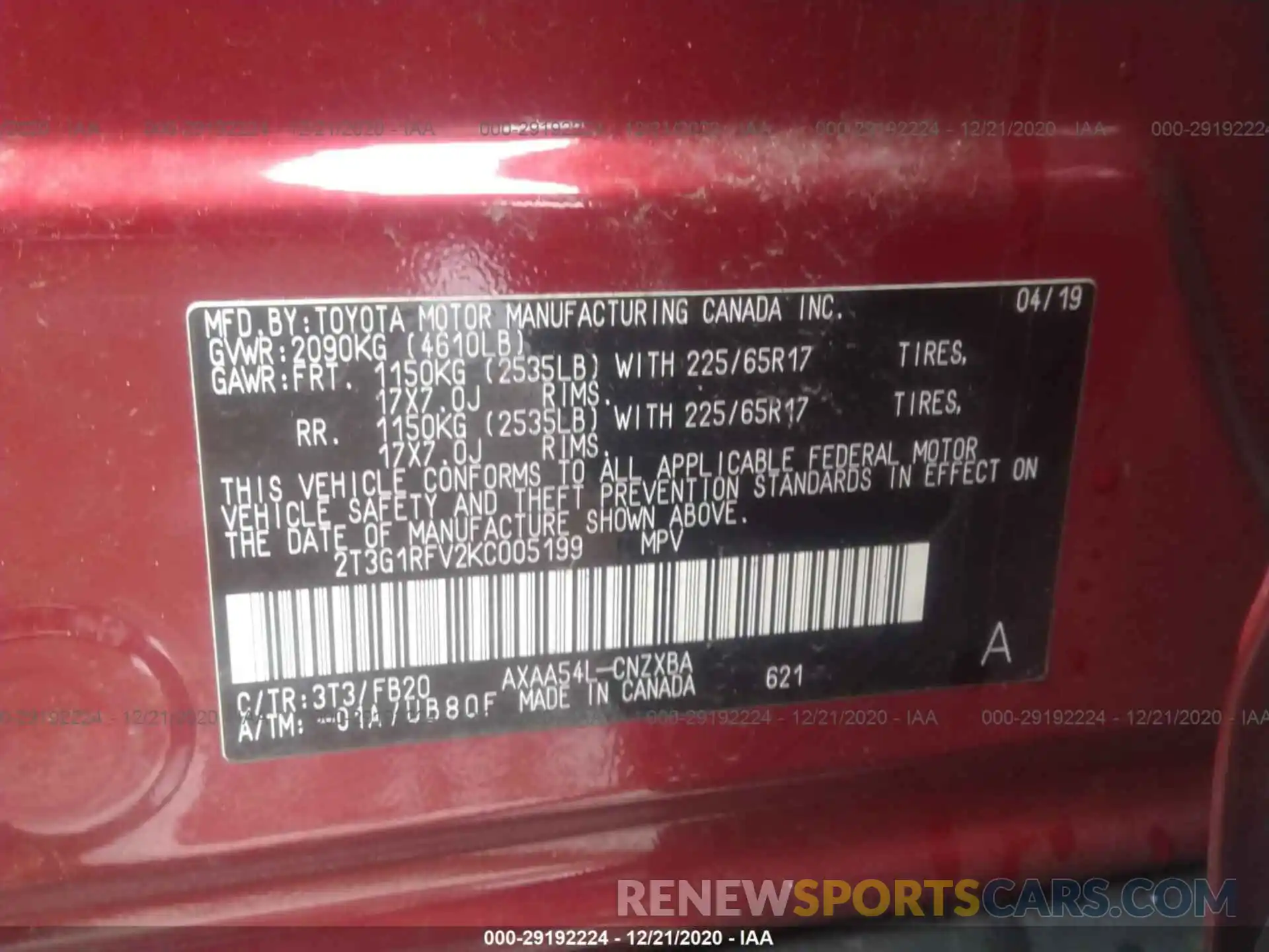 9 Photograph of a damaged car 2T3G1RFV2KC005199 TOYOTA RAV4 2019