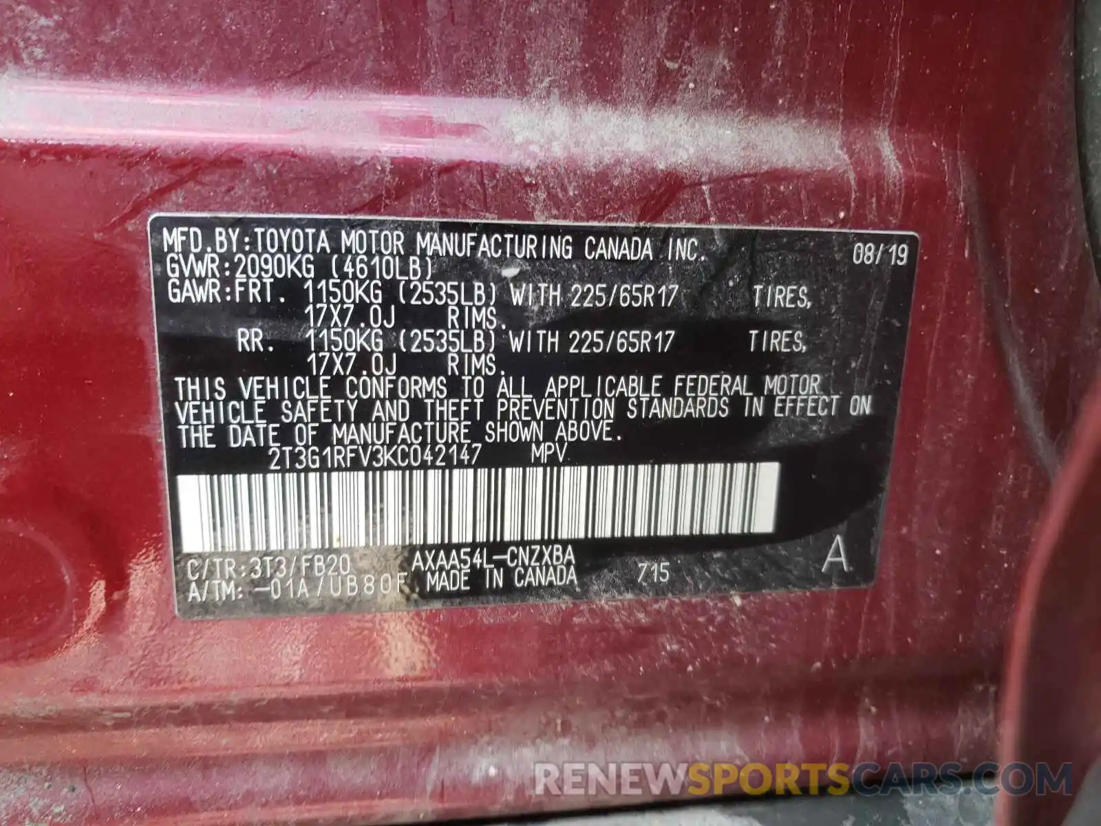 10 Photograph of a damaged car 2T3G1RFV3KC042147 TOYOTA RAV4 2019