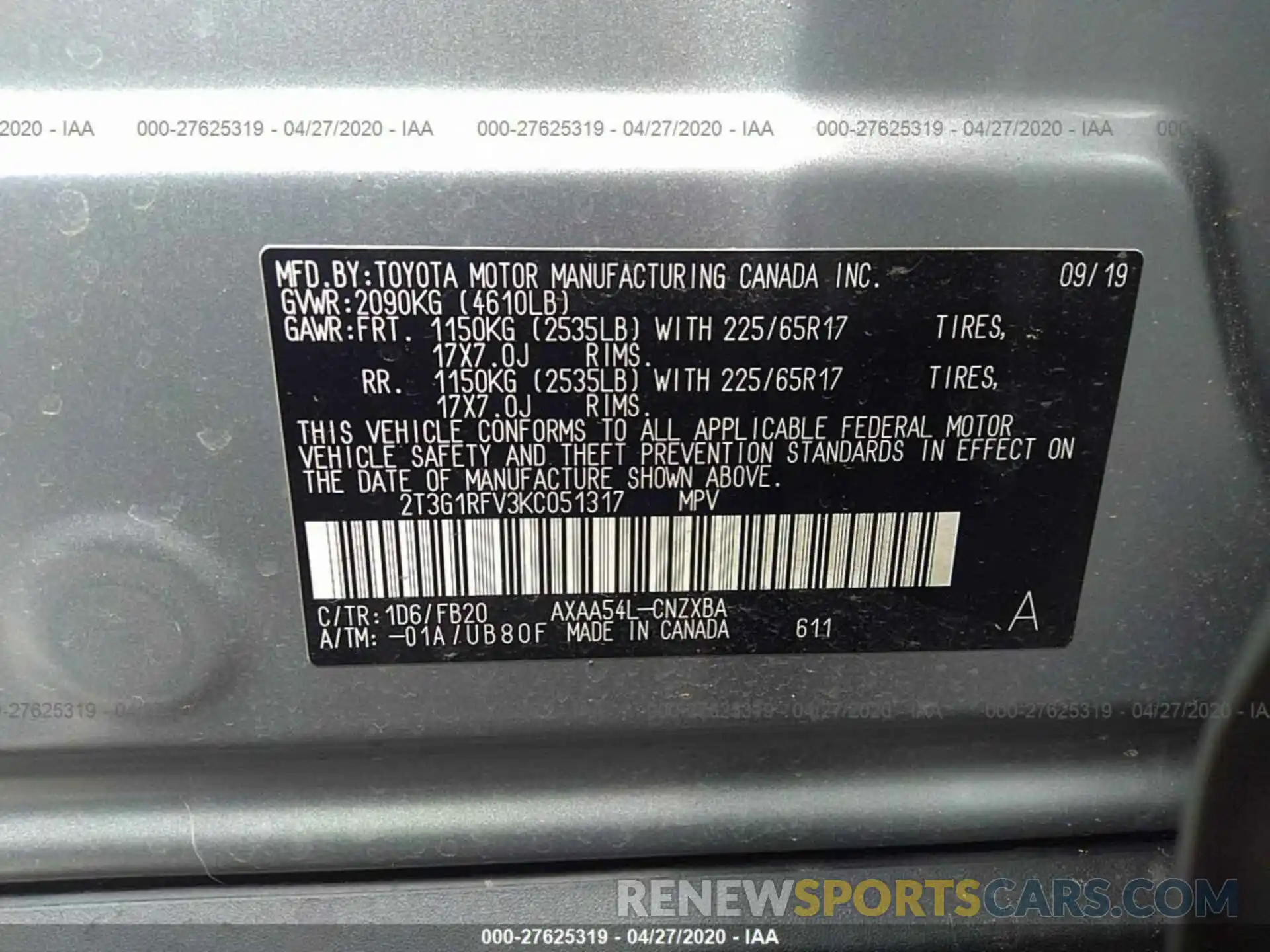 9 Фотография поврежденного автомобиля 2T3G1RFV3KC051317 TOYOTA RAV4 2019