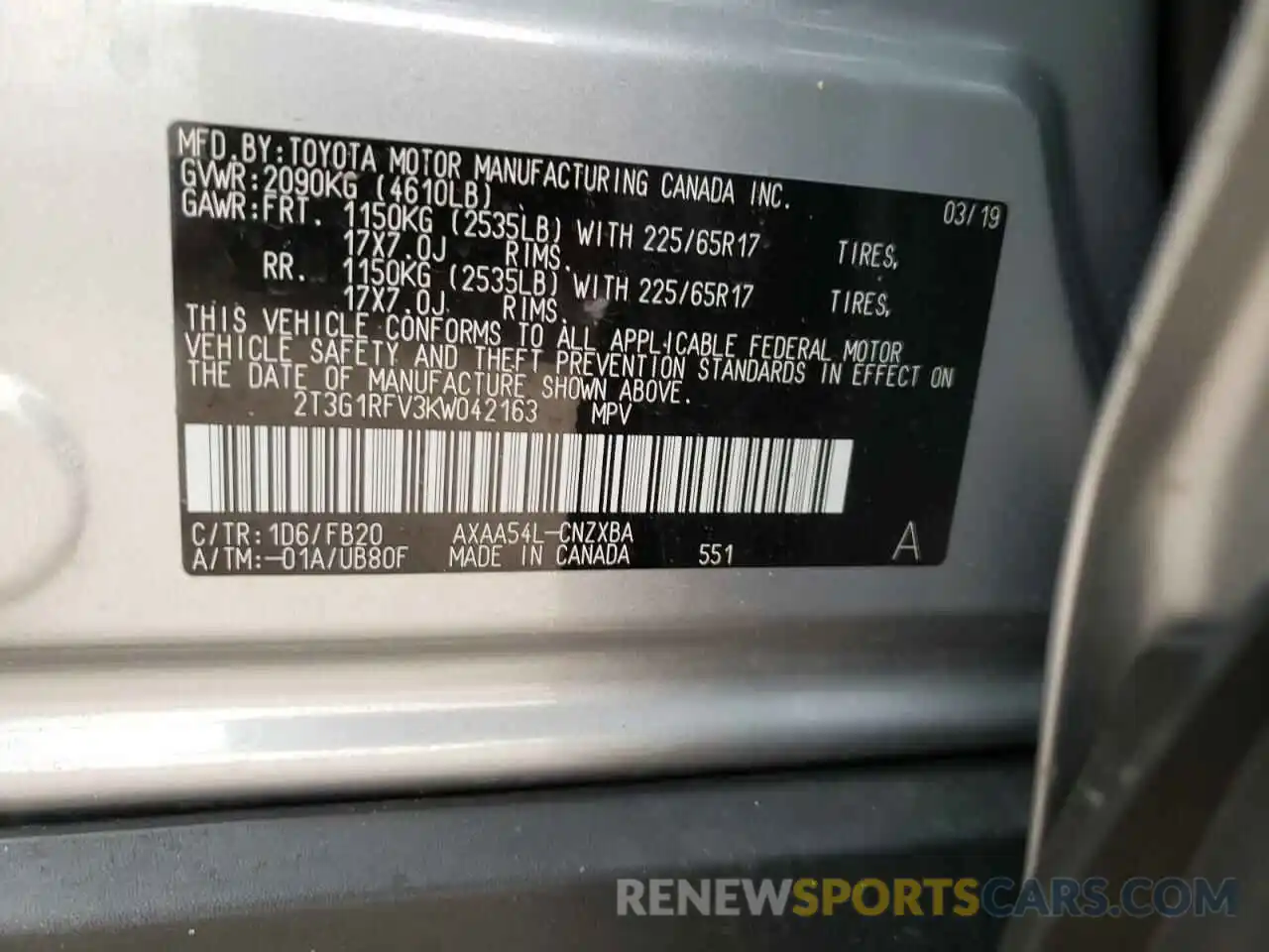 10 Photograph of a damaged car 2T3G1RFV3KW042163 TOYOTA RAV4 2019