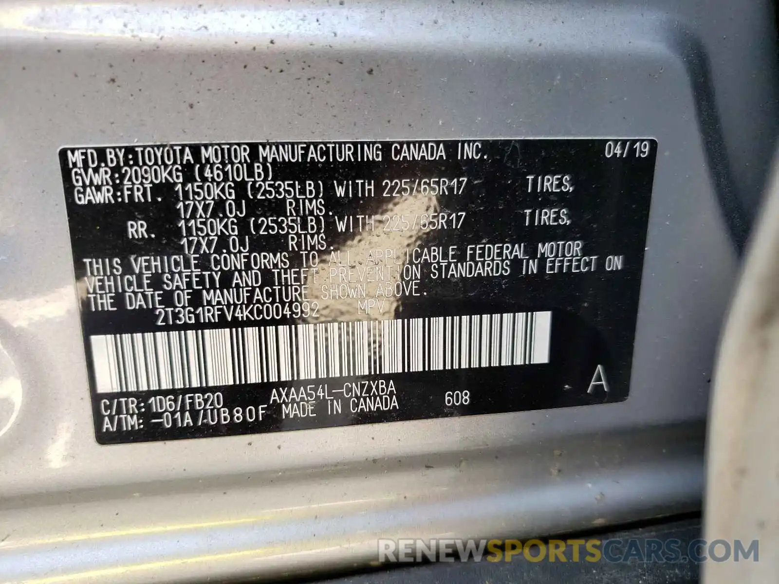 10 Photograph of a damaged car 2T3G1RFV4KC004992 TOYOTA RAV4 2019