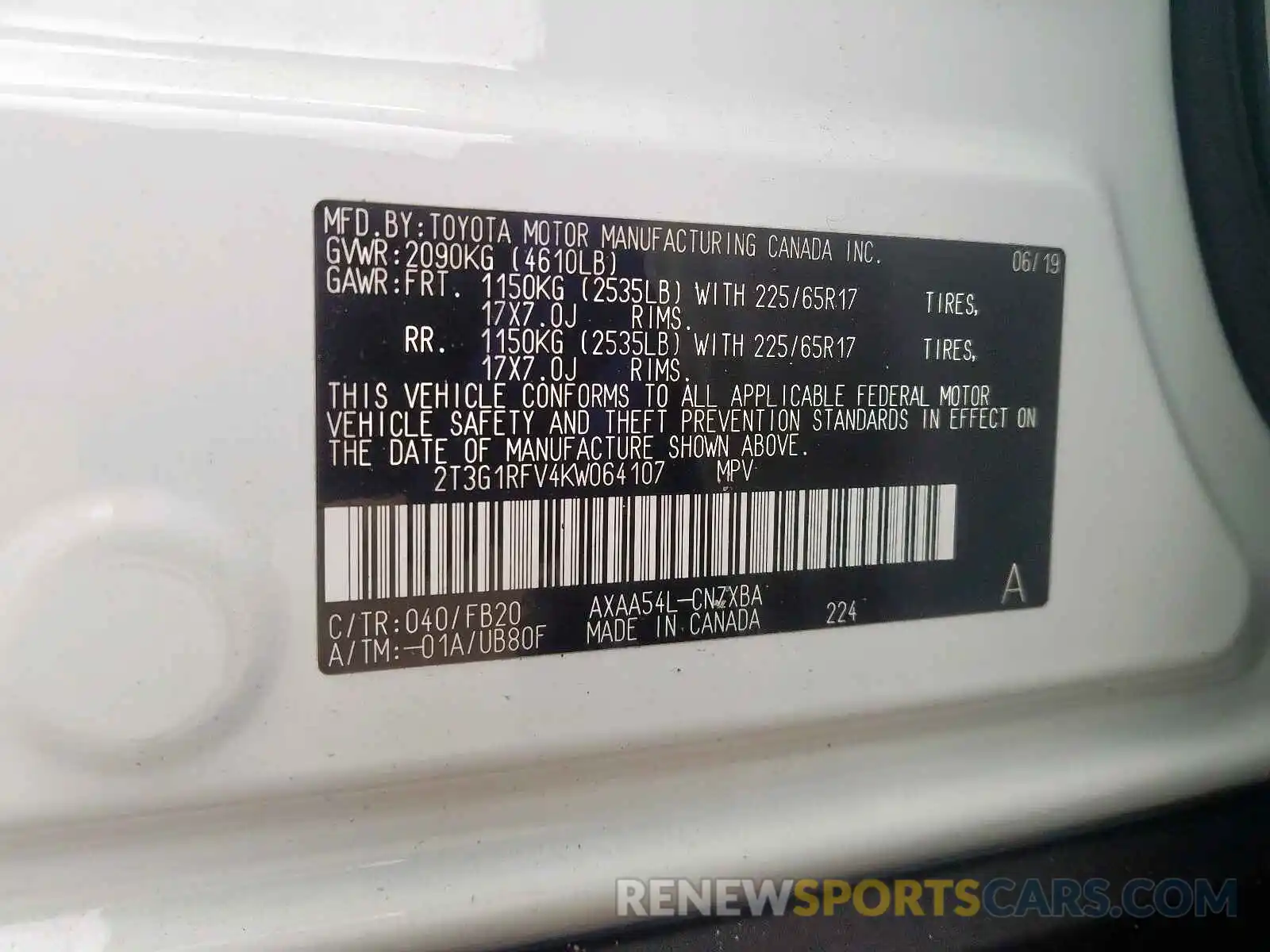 10 Фотография поврежденного автомобиля 2T3G1RFV4KW064107 TOYOTA RAV4 2019