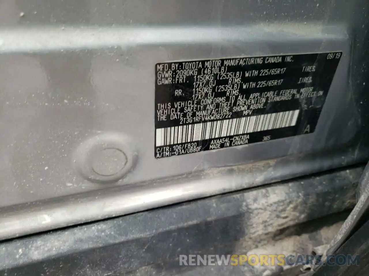 10 Photograph of a damaged car 2T3G1RFV4KW082722 TOYOTA RAV4 2019