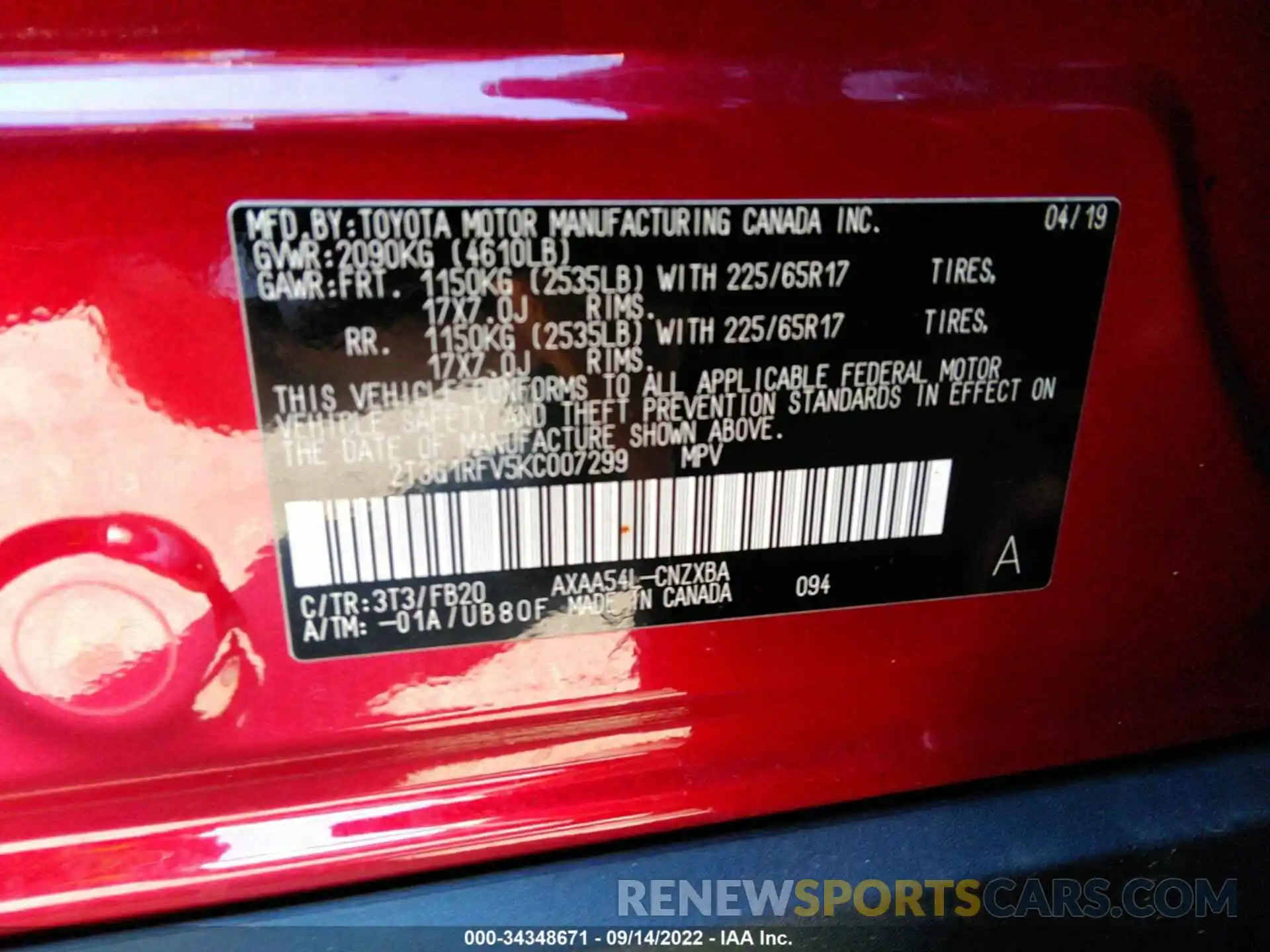 9 Photograph of a damaged car 2T3G1RFV5KC007299 TOYOTA RAV4 2019