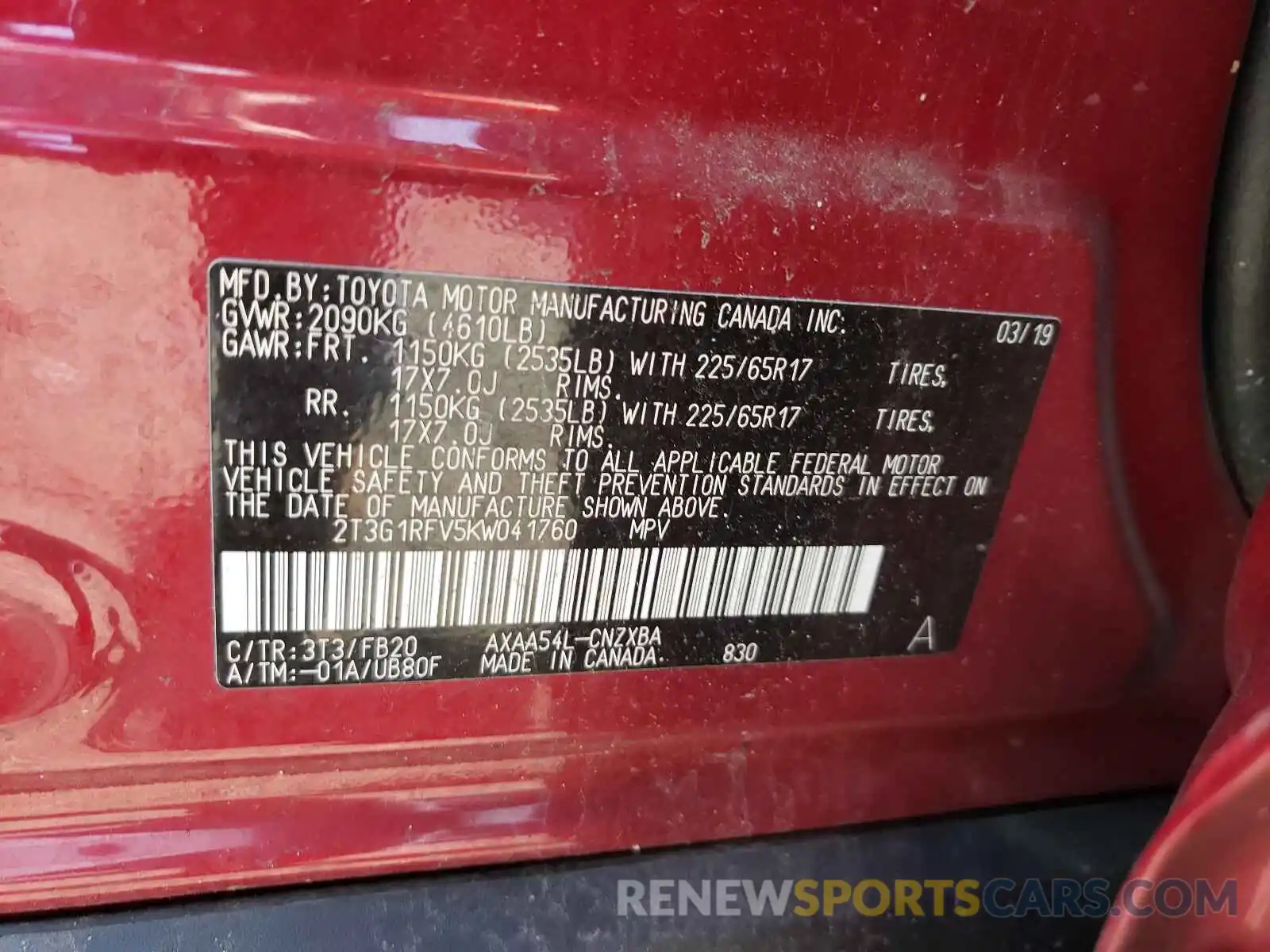 10 Photograph of a damaged car 2T3G1RFV5KW041760 TOYOTA RAV4 2019