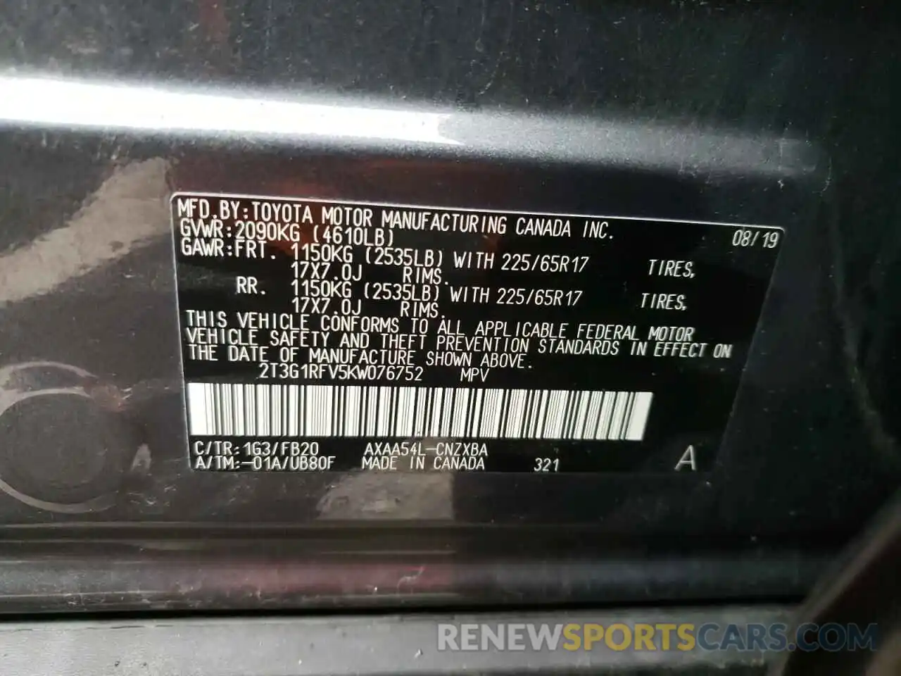 10 Photograph of a damaged car 2T3G1RFV5KW076752 TOYOTA RAV4 2019