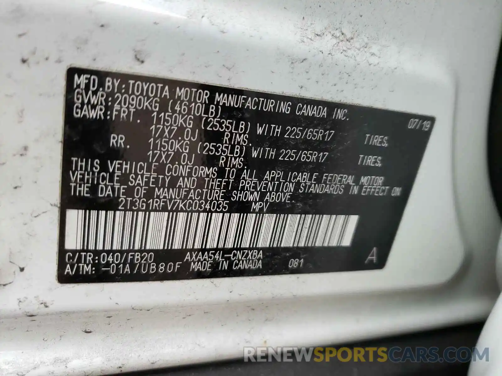 10 Photograph of a damaged car 2T3G1RFV7KC034035 TOYOTA RAV4 2019