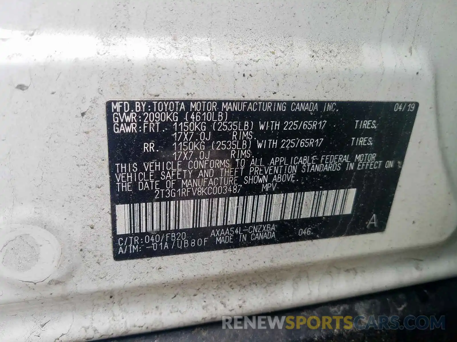 10 Photograph of a damaged car 2T3G1RFV8KC003487 TOYOTA RAV4 2019