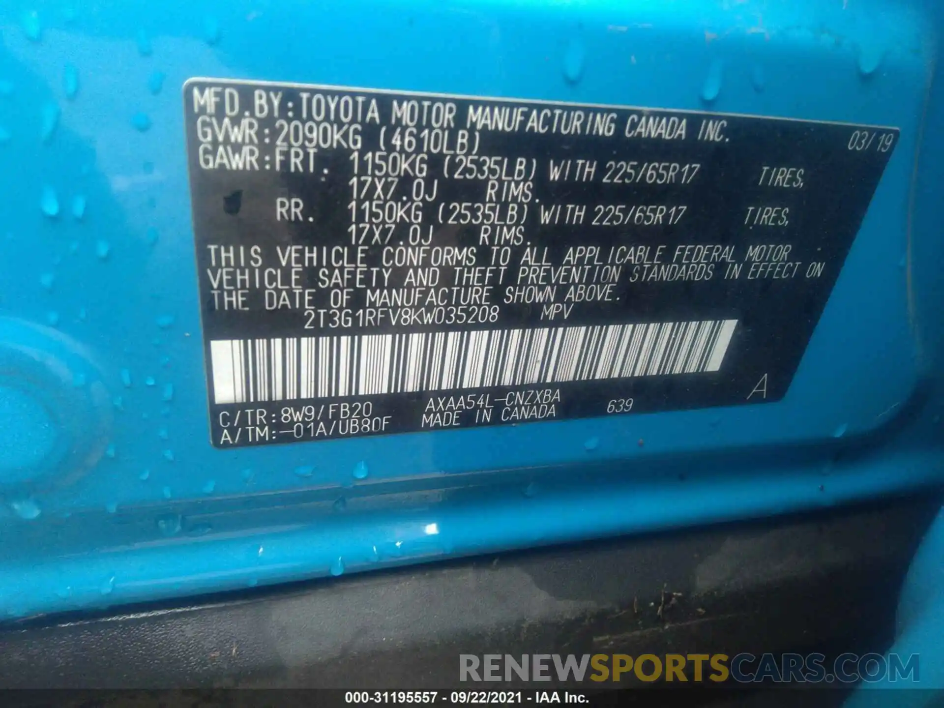 9 Photograph of a damaged car 2T3G1RFV8KW035208 TOYOTA RAV4 2019