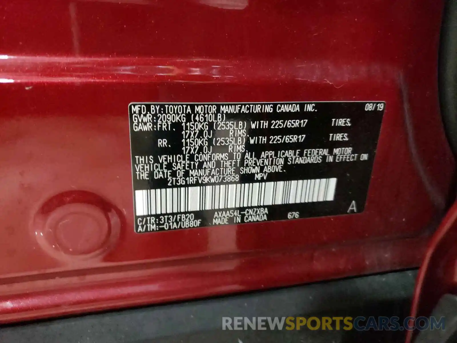 10 Photograph of a damaged car 2T3G1RFV9KW073868 TOYOTA RAV4 2019