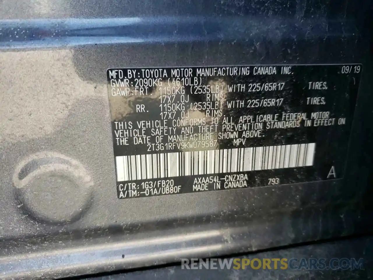 10 Photograph of a damaged car 2T3G1RFV9KW079587 TOYOTA RAV4 2019