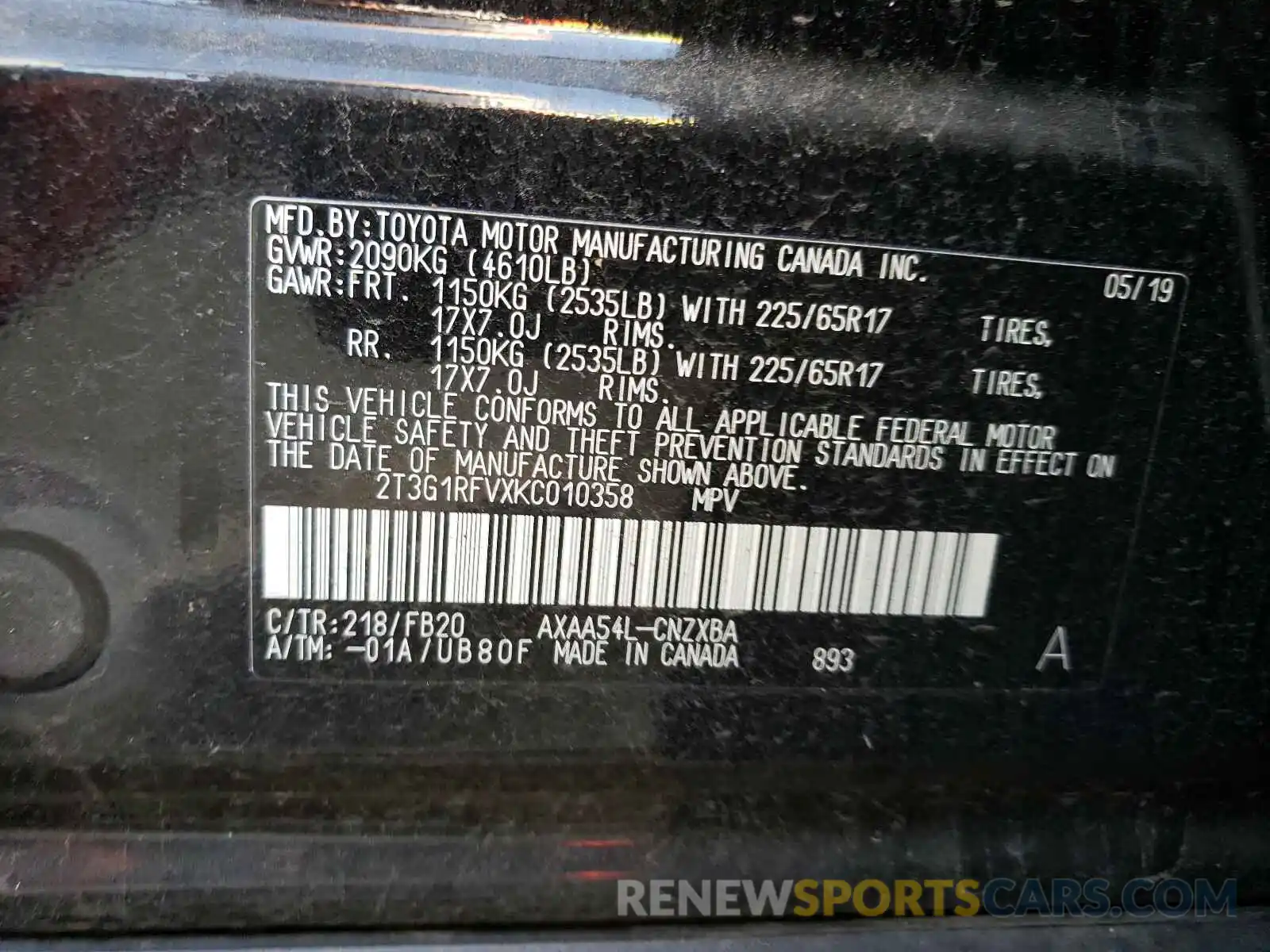 10 Фотография поврежденного автомобиля 2T3G1RFVXKC010358 TOYOTA RAV4 2019