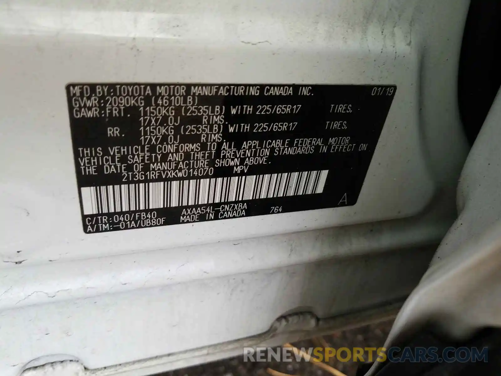 10 Photograph of a damaged car 2T3G1RFVXKW014070 TOYOTA RAV4 2019