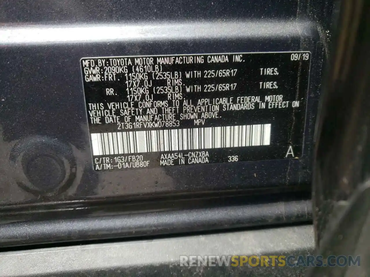 10 Photograph of a damaged car 2T3G1RFVXKW078853 TOYOTA RAV4 2019