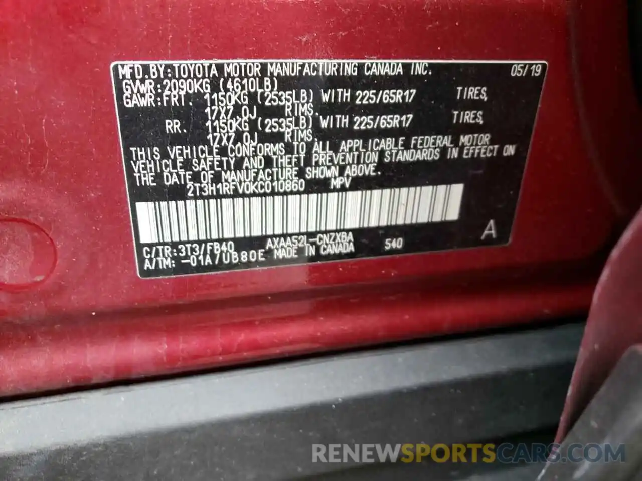 10 Фотография поврежденного автомобиля 2T3H1RFV0KC010860 TOYOTA RAV4 2019