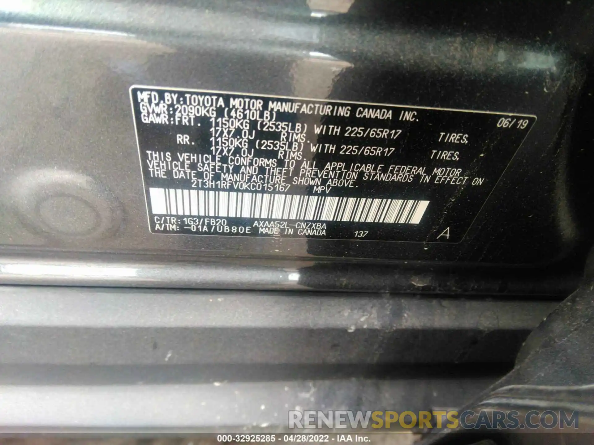 9 Photograph of a damaged car 2T3H1RFV0KC015167 TOYOTA RAV4 2019