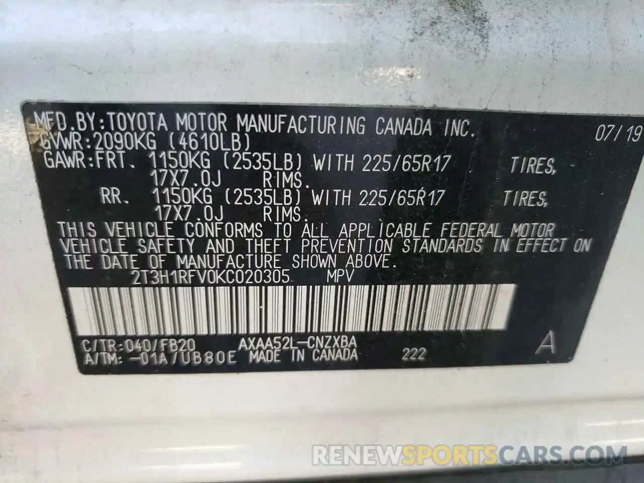 10 Фотография поврежденного автомобиля 2T3H1RFV0KC020305 TOYOTA RAV4 2019