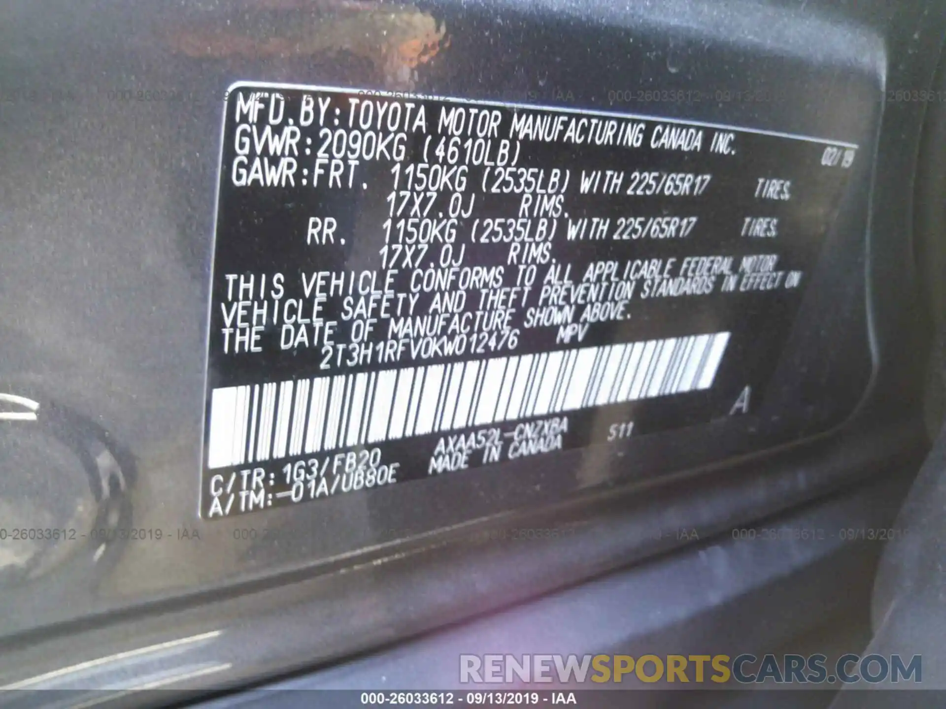 9 Photograph of a damaged car 2T3H1RFV0KW012476 TOYOTA RAV4 2019