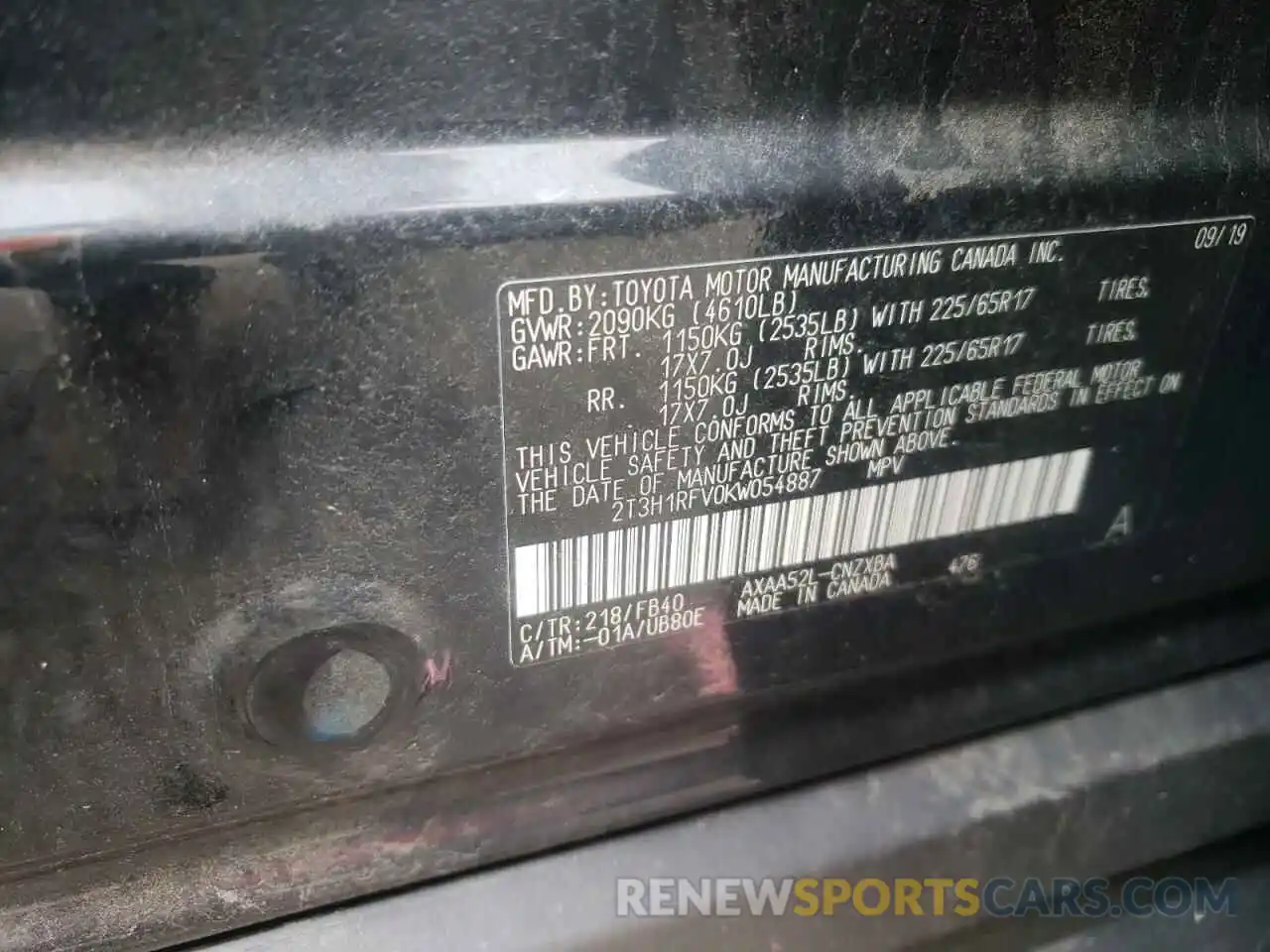 10 Photograph of a damaged car 2T3H1RFV0KW054887 TOYOTA RAV4 2019