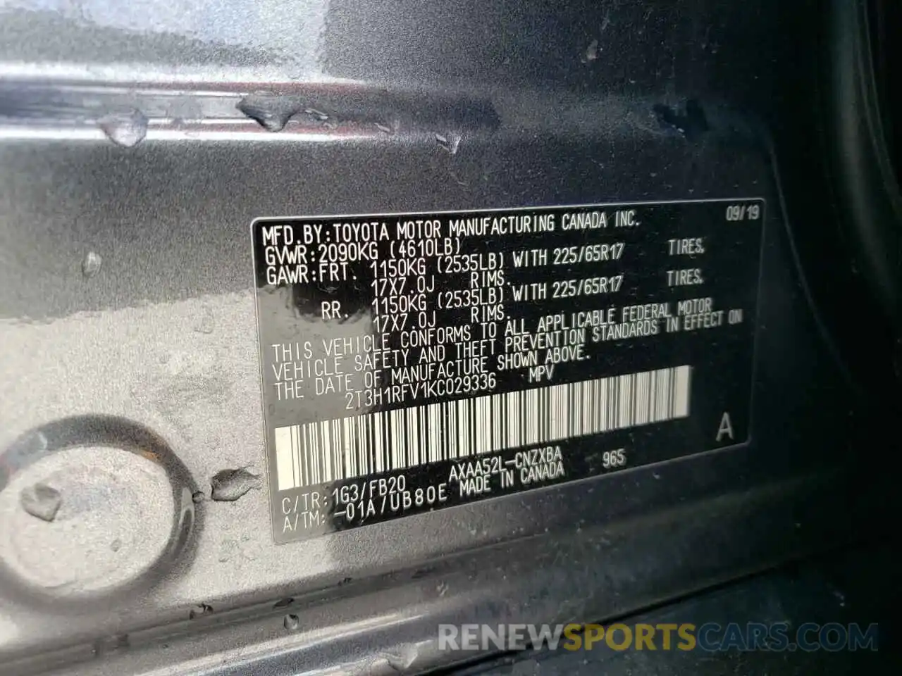 10 Photograph of a damaged car 2T3H1RFV1KC029336 TOYOTA RAV4 2019