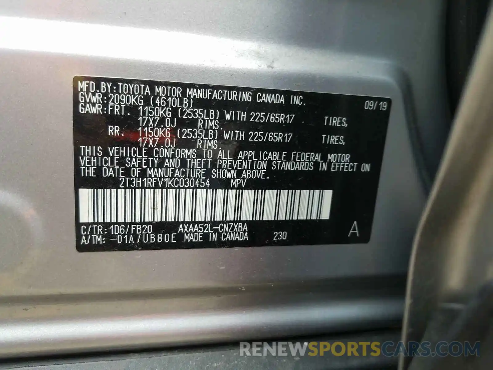 10 Фотография поврежденного автомобиля 2T3H1RFV1KC030454 TOYOTA RAV4 2019