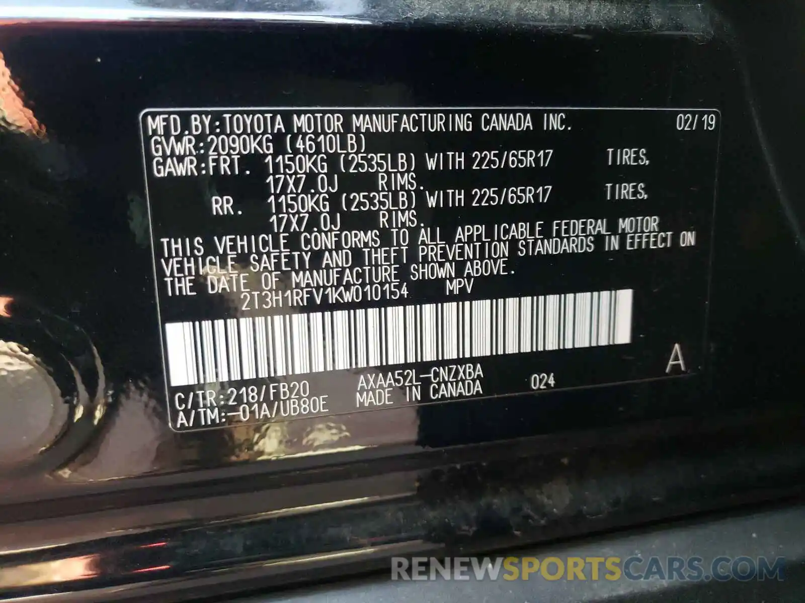 10 Photograph of a damaged car 2T3H1RFV1KW010154 TOYOTA RAV4 2019