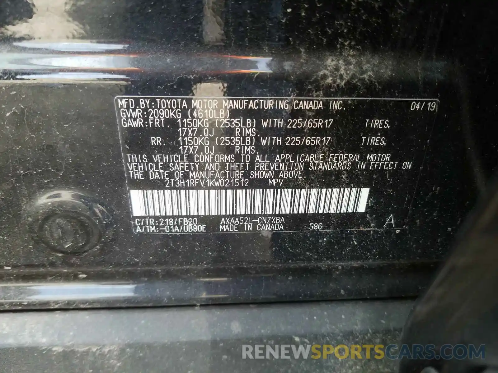 10 Photograph of a damaged car 2T3H1RFV1KW021512 TOYOTA RAV4 2019