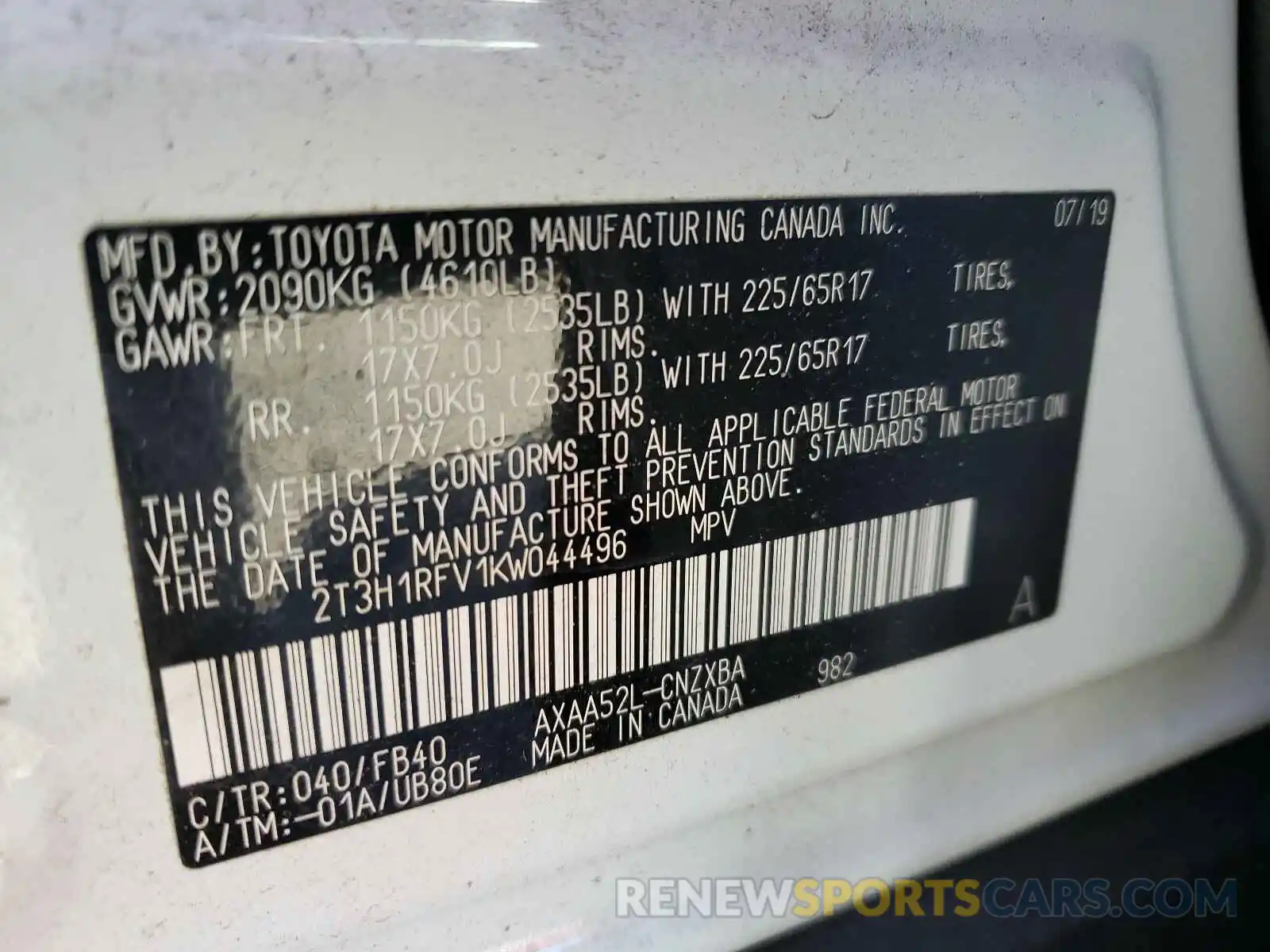 8 Photograph of a damaged car 2T3H1RFV1KW044496 TOYOTA RAV4 2019