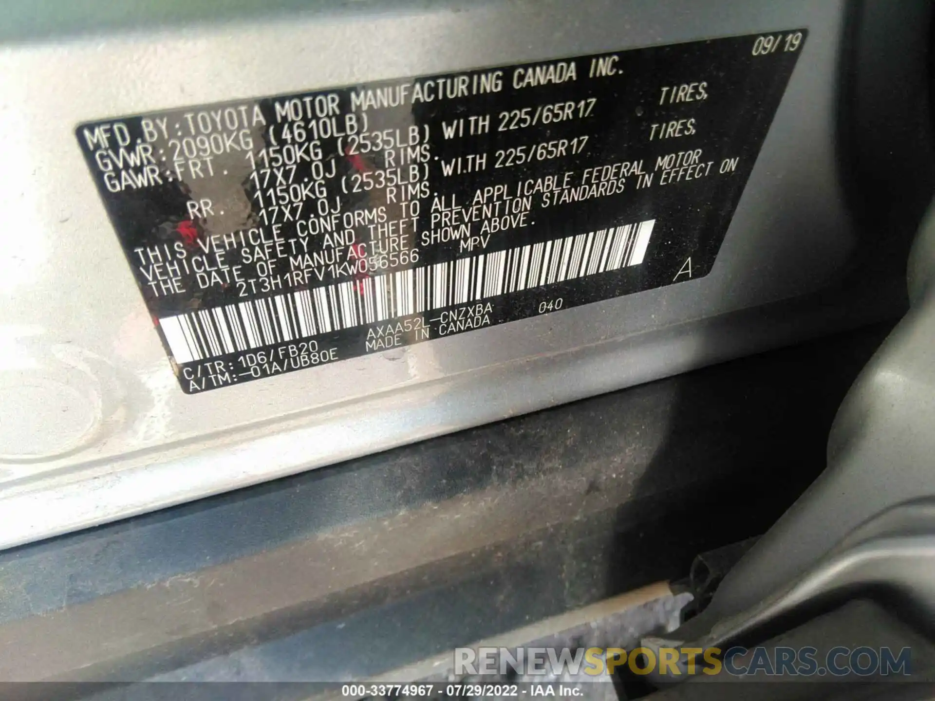 9 Photograph of a damaged car 2T3H1RFV1KW056566 TOYOTA RAV4 2019