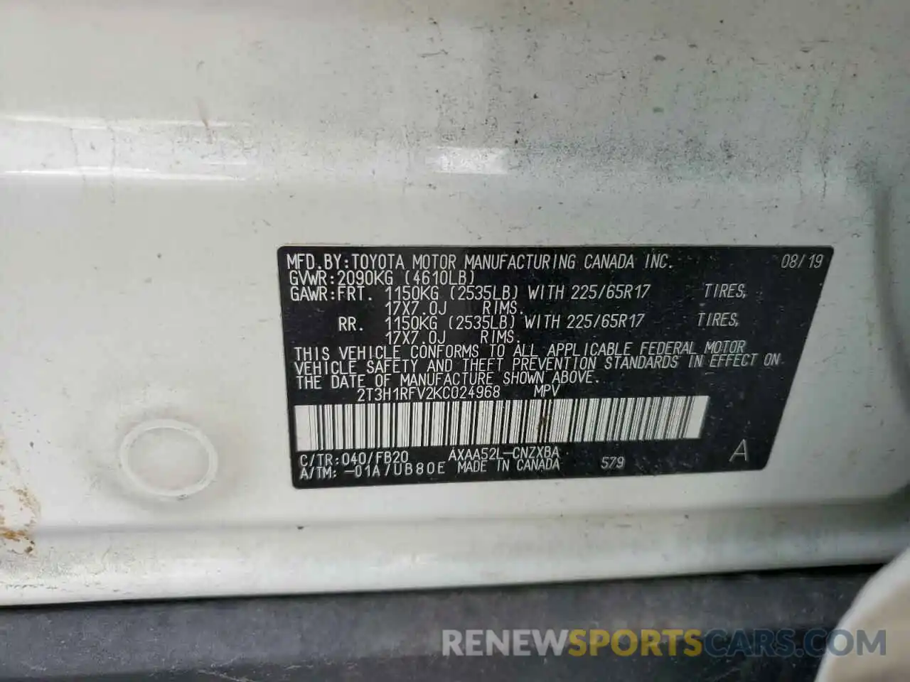 10 Фотография поврежденного автомобиля 2T3H1RFV2KC024968 TOYOTA RAV4 2019